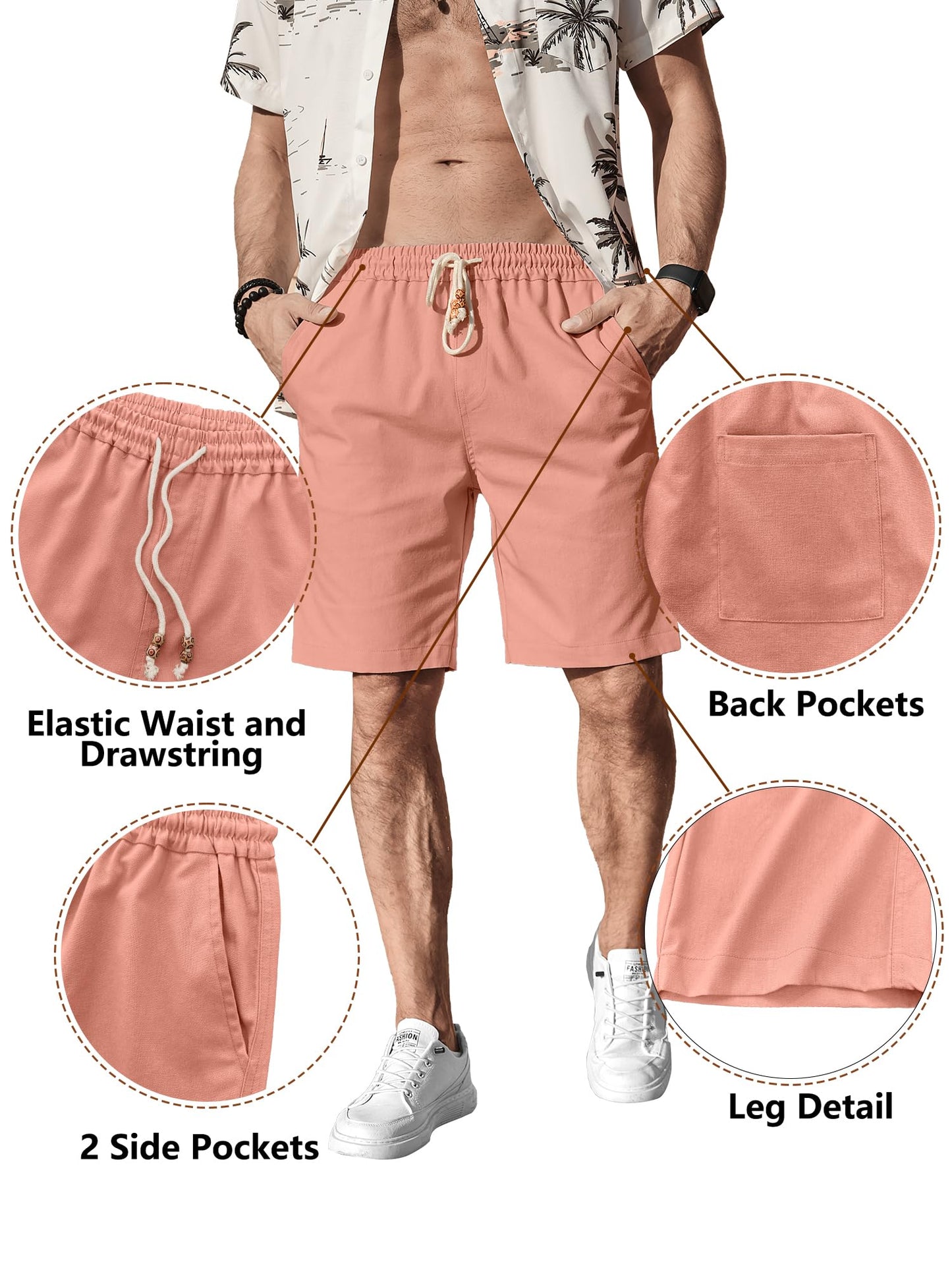 Comdecevis Men's Casual Linen Shorts Elastic Waist Drawstring Summer Beach Shorts, Flamingo, Large