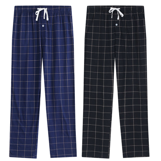 Vulcanodon Mens Cotton Pajama Pants-2Pack, Lightweight Sleep Pants with Pockets Soft Lounge Pajama Pants for Men Plaid Pj Bottoms(Navy-Plaid/Black-Plaid, M)