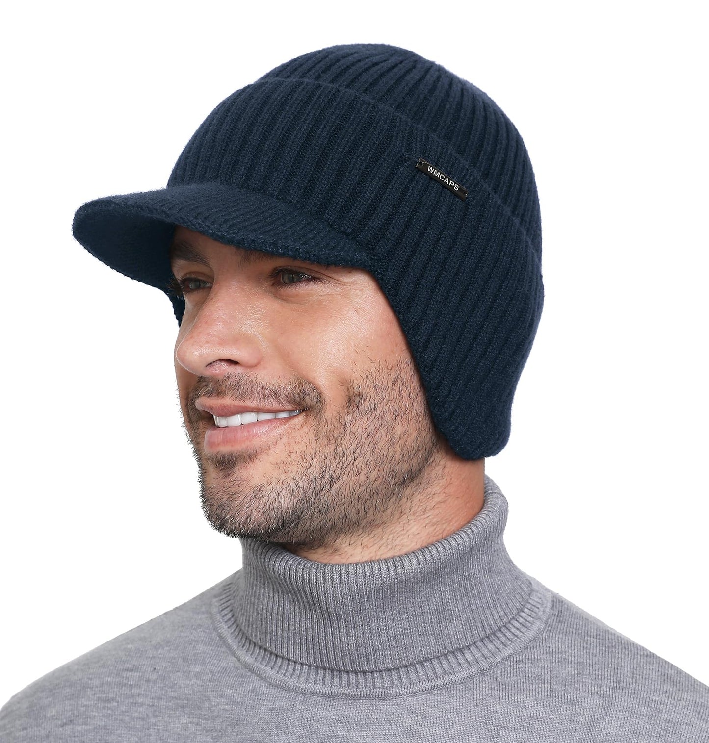 Wmcaps Winter Beanie with Brim and Ear Flaps, Outdoor Warm Fleece Lined Knit Hat Stocking Caps for Men Women Navy Blue