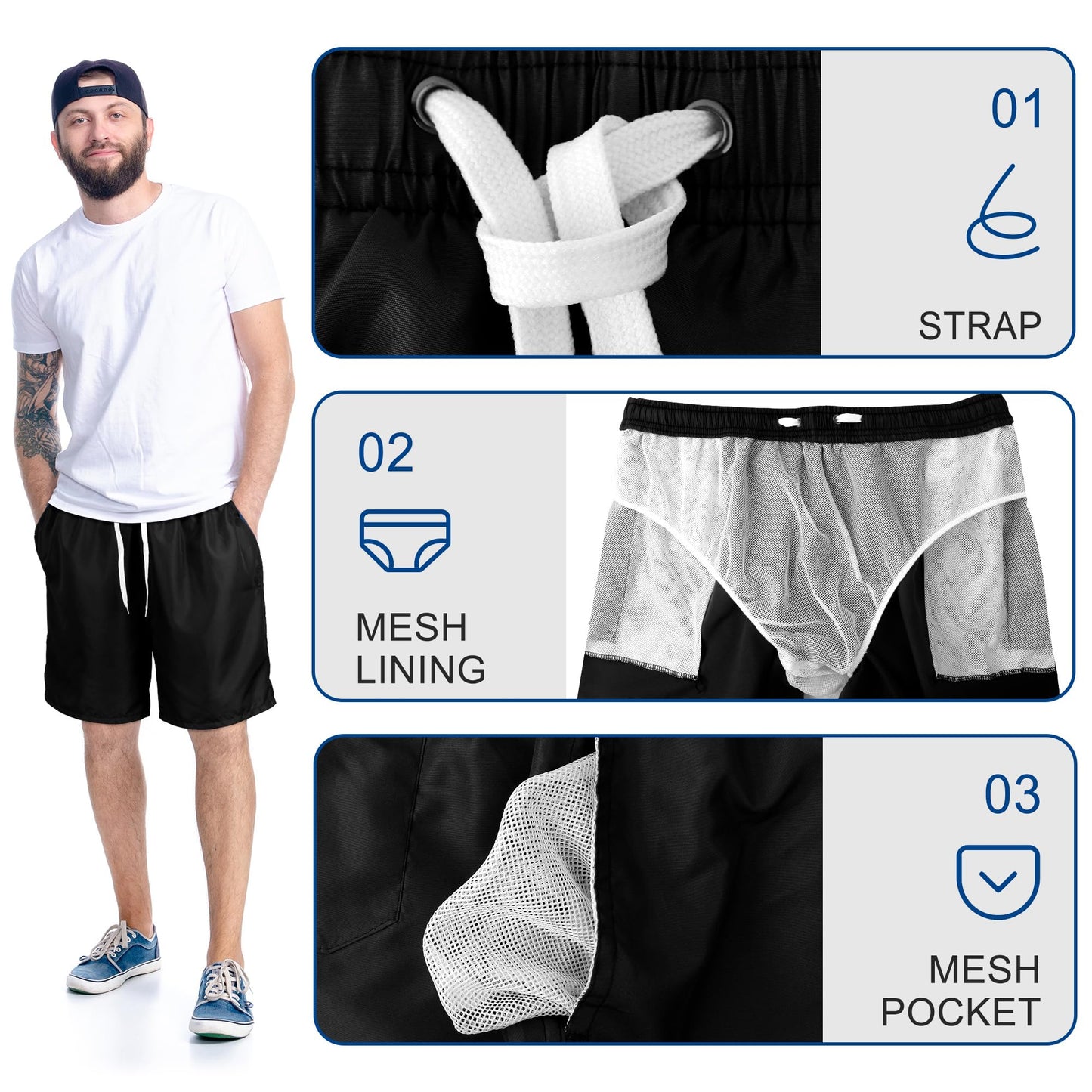 Mens Swim Trunks swimsuit trunks Swim Shorts Swimwear Quick Dry with Mesh Lining and pockets Funny Bathing Suits Black