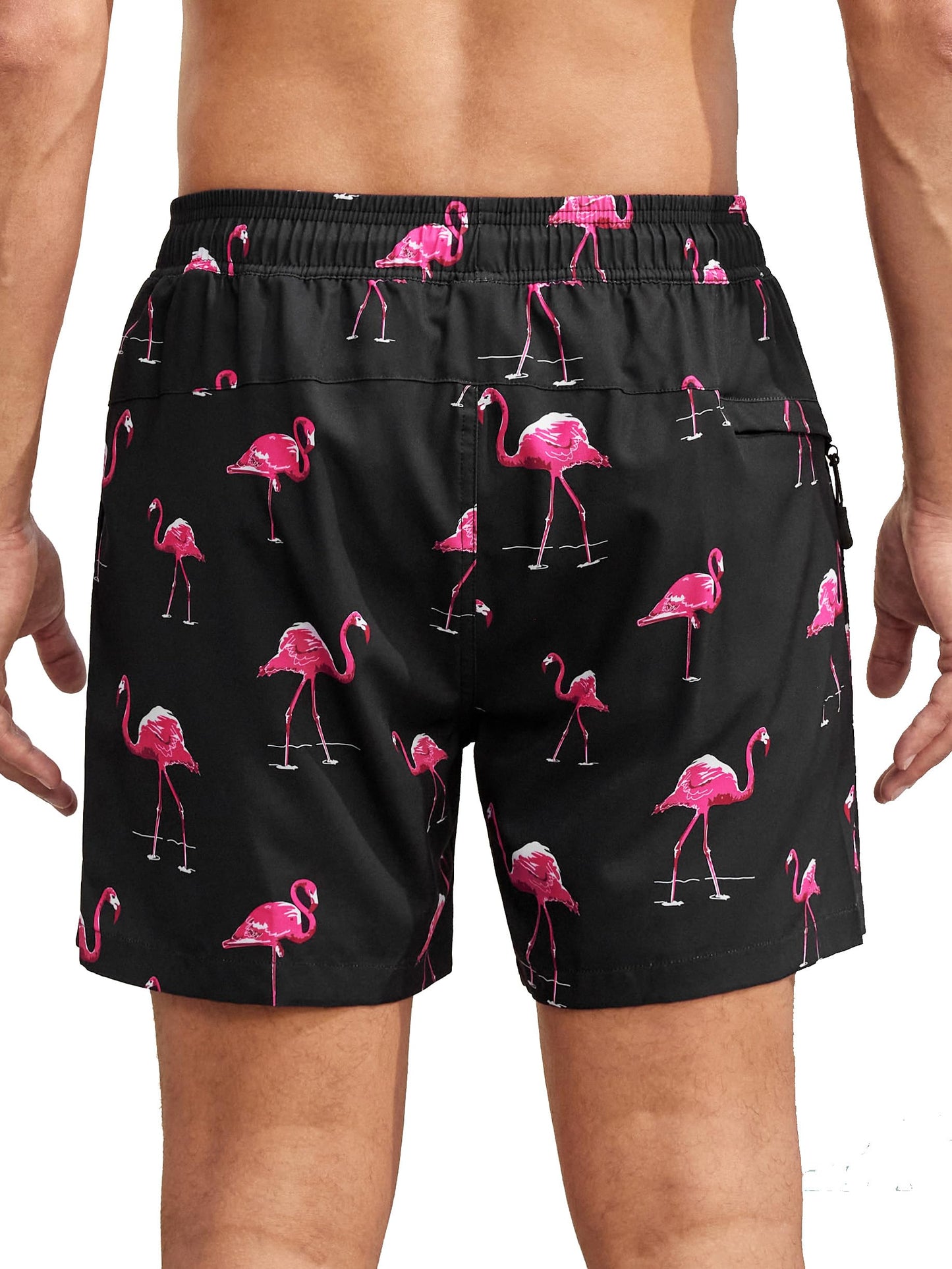 SILKWORLD Mens Swim Trunks Swim Shorts Quick Dry 5 inch Inseam Beach Shorts with Compression Liner and Zipper Pocket, Black Pink Flamingo, Large