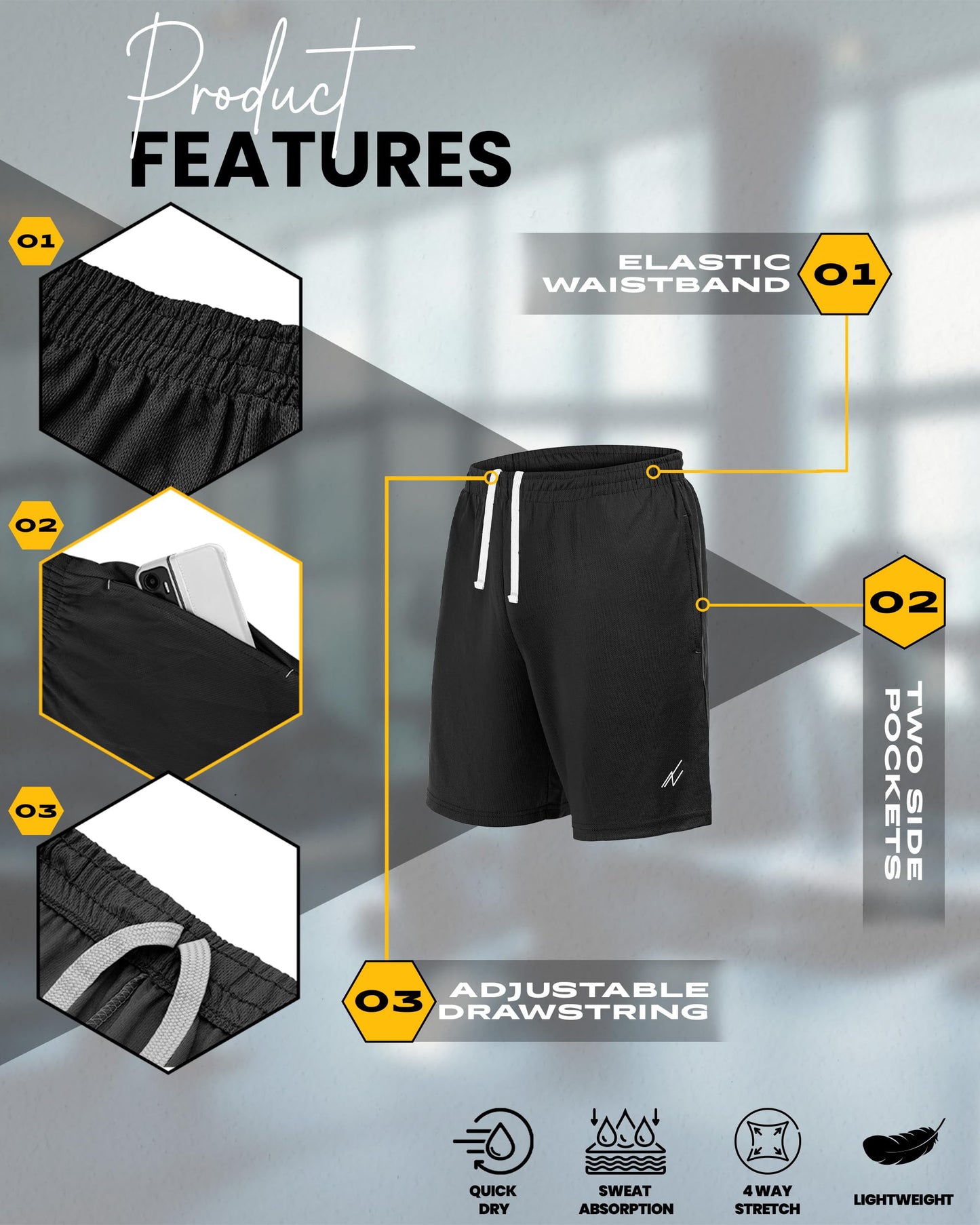 NY Threads 3 Pack Men's Athletic Shorts Quick Dry Lightweight Workout Running Gym Shorts with Pockets, Large, Black/Black/Dark Grey