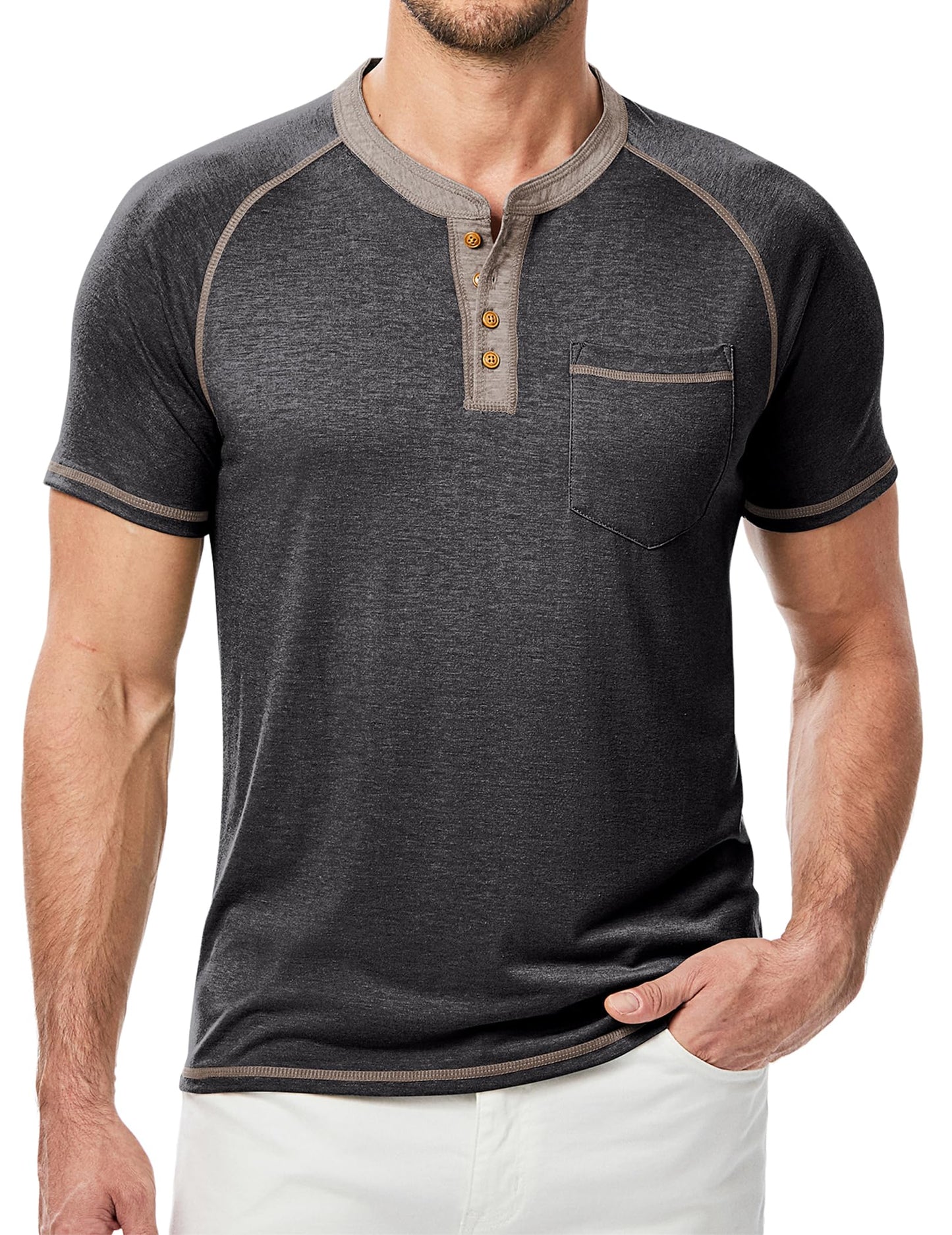 JMIERR Mens Henley Short Sleeve T-Shirt Cotton Casual Shirts with Pockets, XL, Black