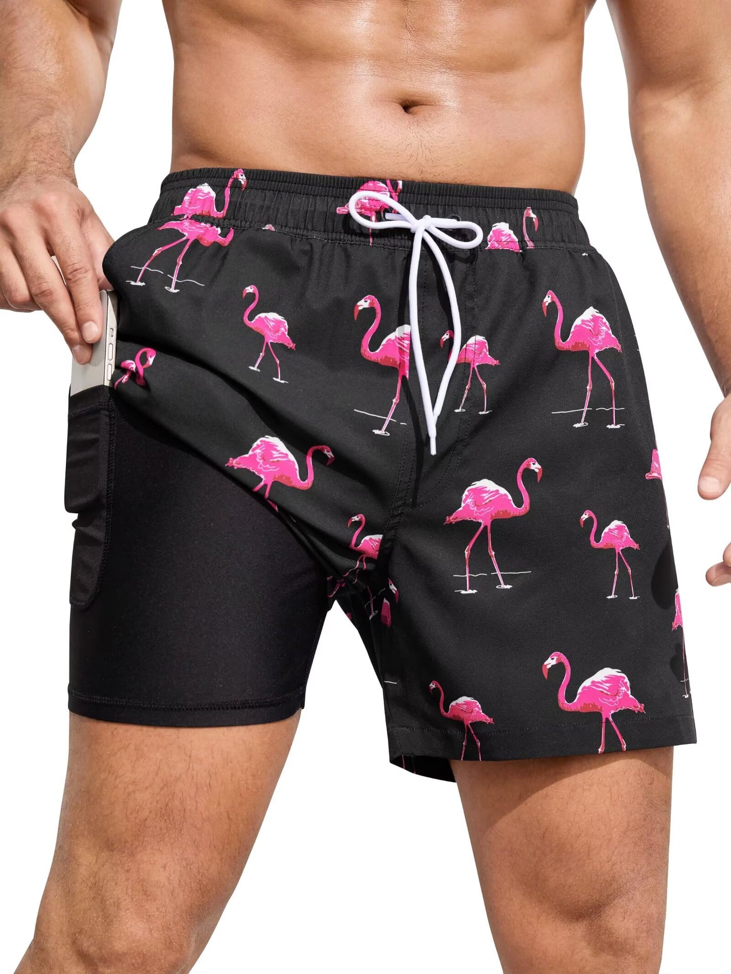 SILKWORLD Mens Swim Trunks Swim Shorts Quick Dry 5 inch Inseam Beach Shorts with Compression Liner and Zipper Pocket, Black Pink Flamingo, Large
