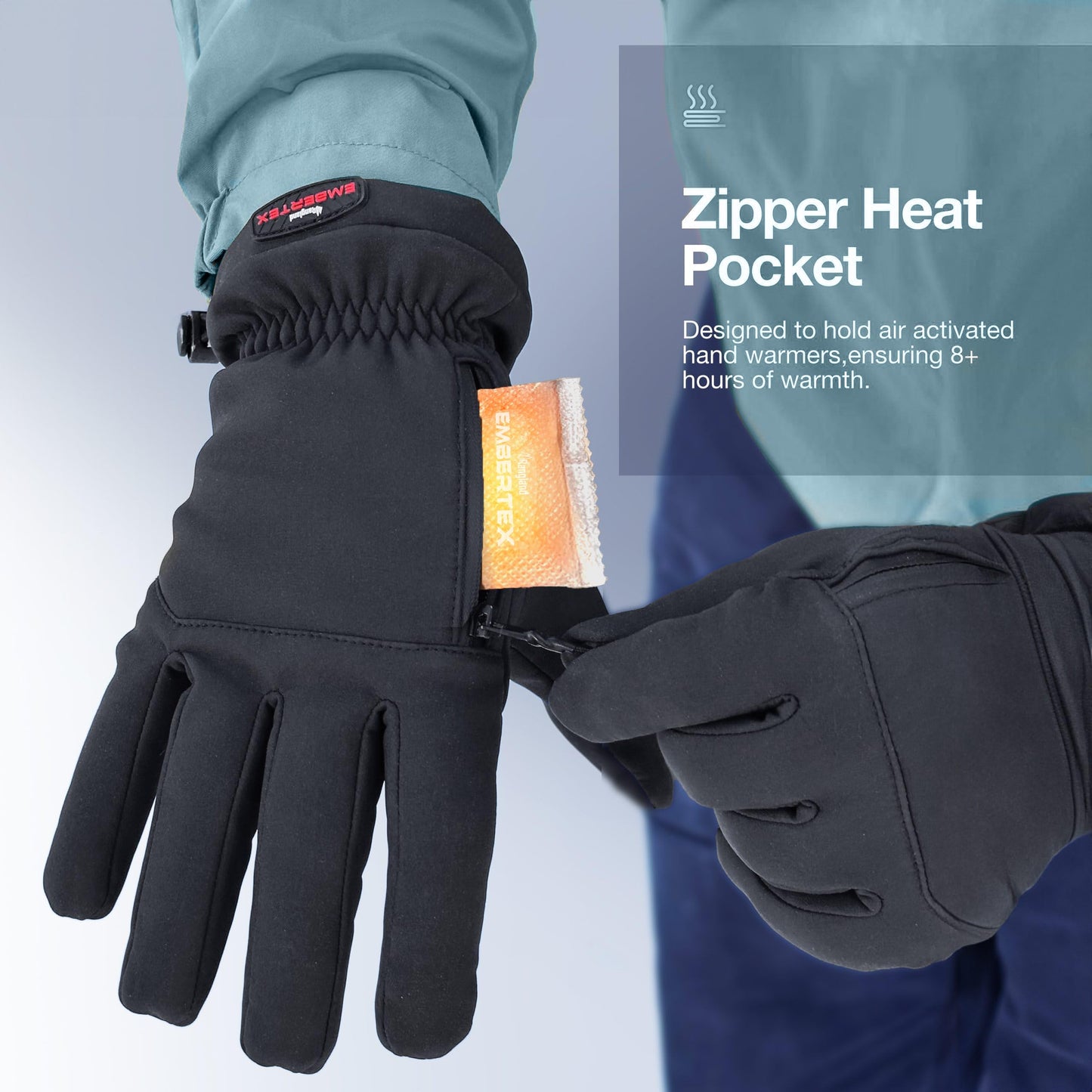 RANGLAND Heated Winter Gloves for Adults with Hand Warmer Compartment, Triple Layer Insulated (-20F) Warm Fleece Lining, Touchscreen Tips - Includes 6 EmberTex Active Hot Packets (8-Hour) Size Medium