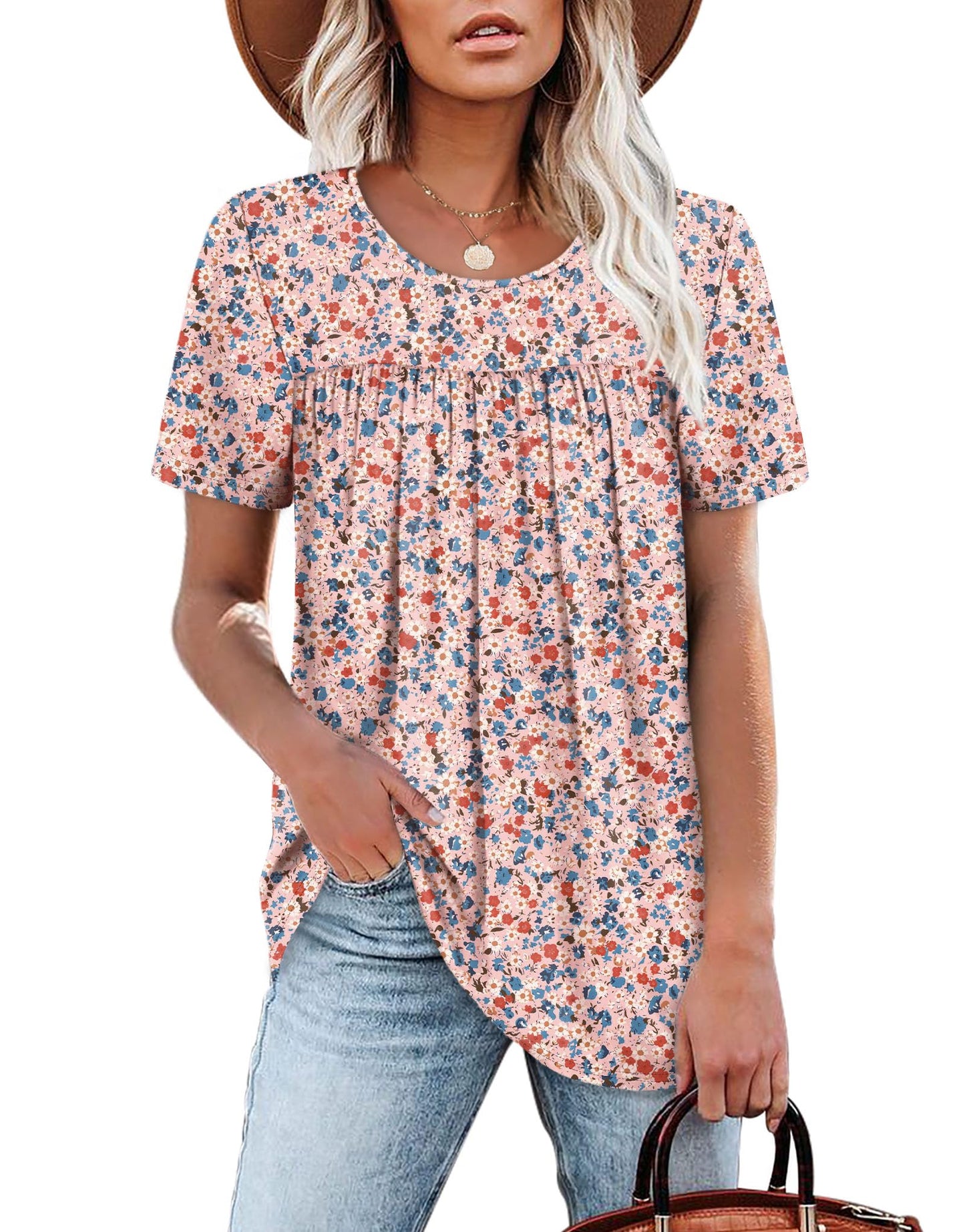 WIHOLL Plus Size Tops for Women Short Sleeve Shirts Oversized Tshirts Dressy Casual Cute Summer Tops Crew Neck Pink Beach Vacation Clothes Resort Wear 2025 Flower XXL