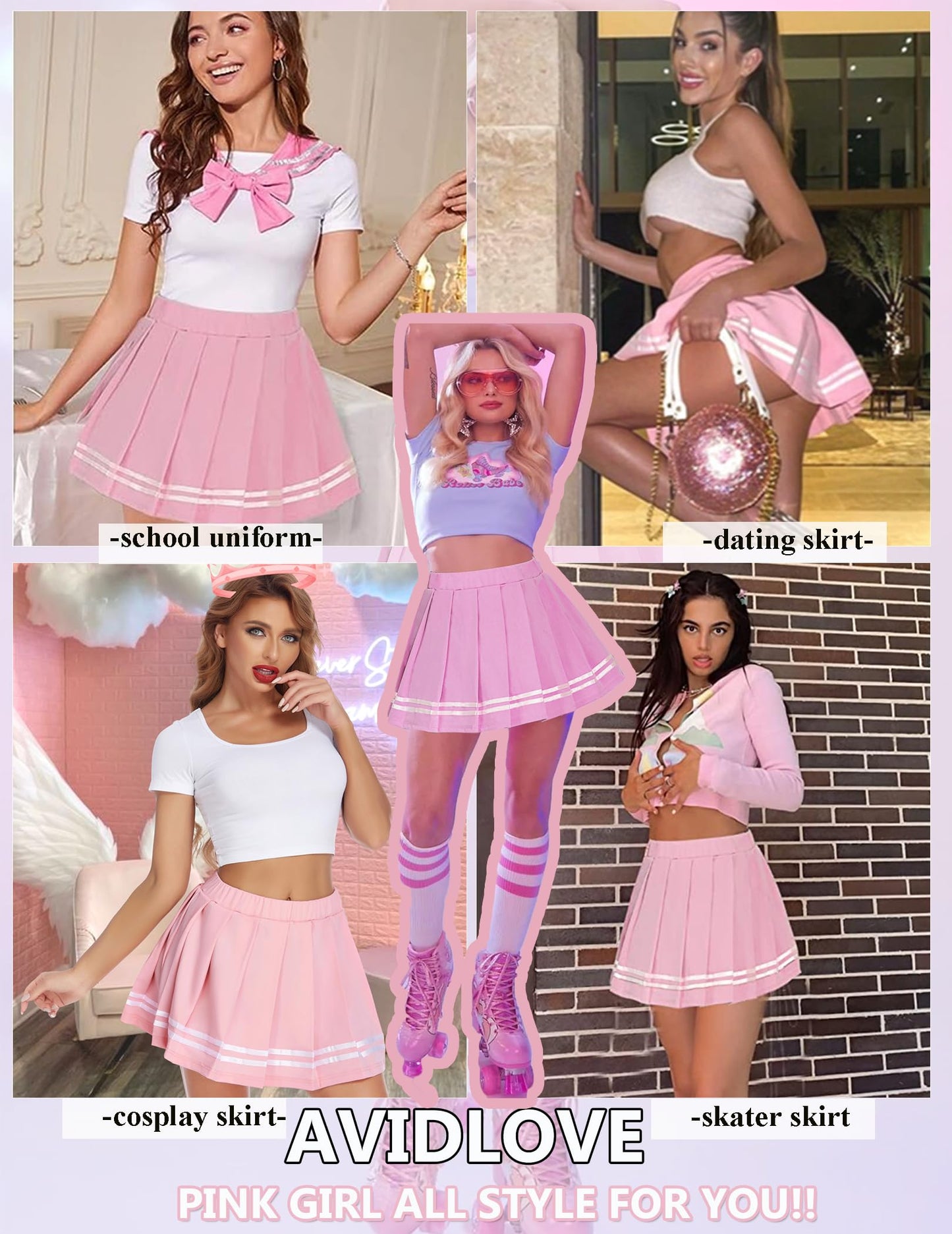 Avidlove Mini Skirt Cheer Skirt School Girl Skirts Short Pleated Skirt Sexy for Women (Pastel Pink， XX-Large)