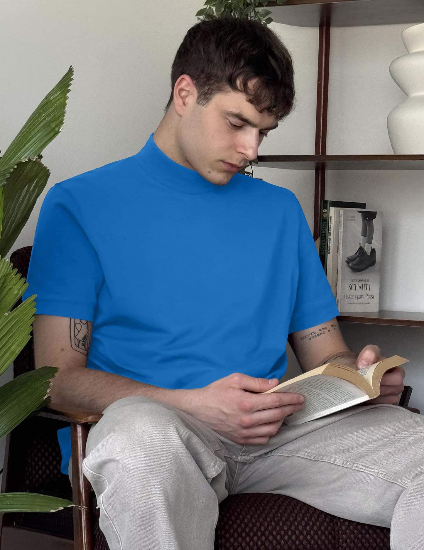 COOFANDY Mens Short Sleeve Mock Turtleneck Shirts Classic Dress Mock Neck Tshirts Heavyweight High Neck T Shirts Fashion Big and Tall T-Shirts Blue
