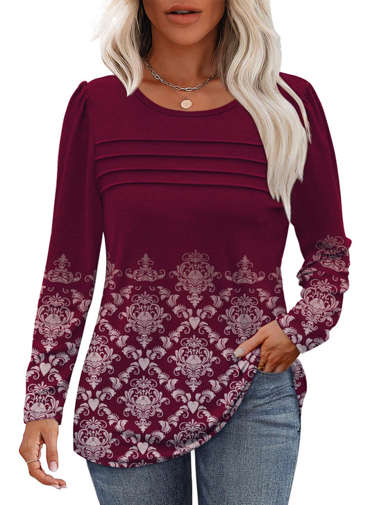 Womens Winter Tops 2024 Long Sleeve Shirts Boho Print Pullover Sweaters Dressy Casual Blouses Fall Clothes Floral Wine XL