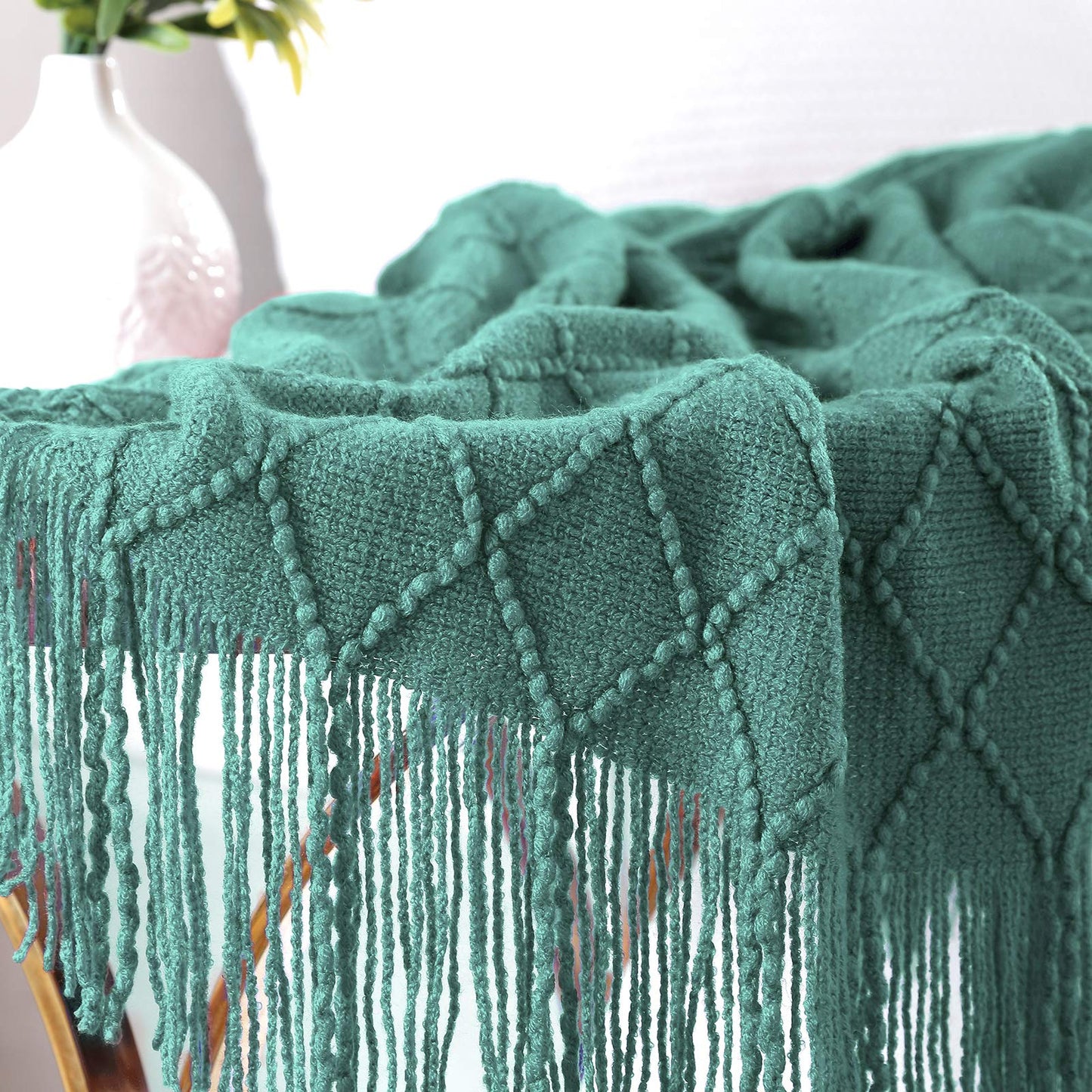 Walensee Throw Blanket for Couch, 50 x 60 Dark Cyan, Acrylic Knit Woven Summer Blanket, Lightweight Decorative Soft Nap Throw with Tassel for Chair Bed Sofa Travel Picnic, Suitable for All Seasons