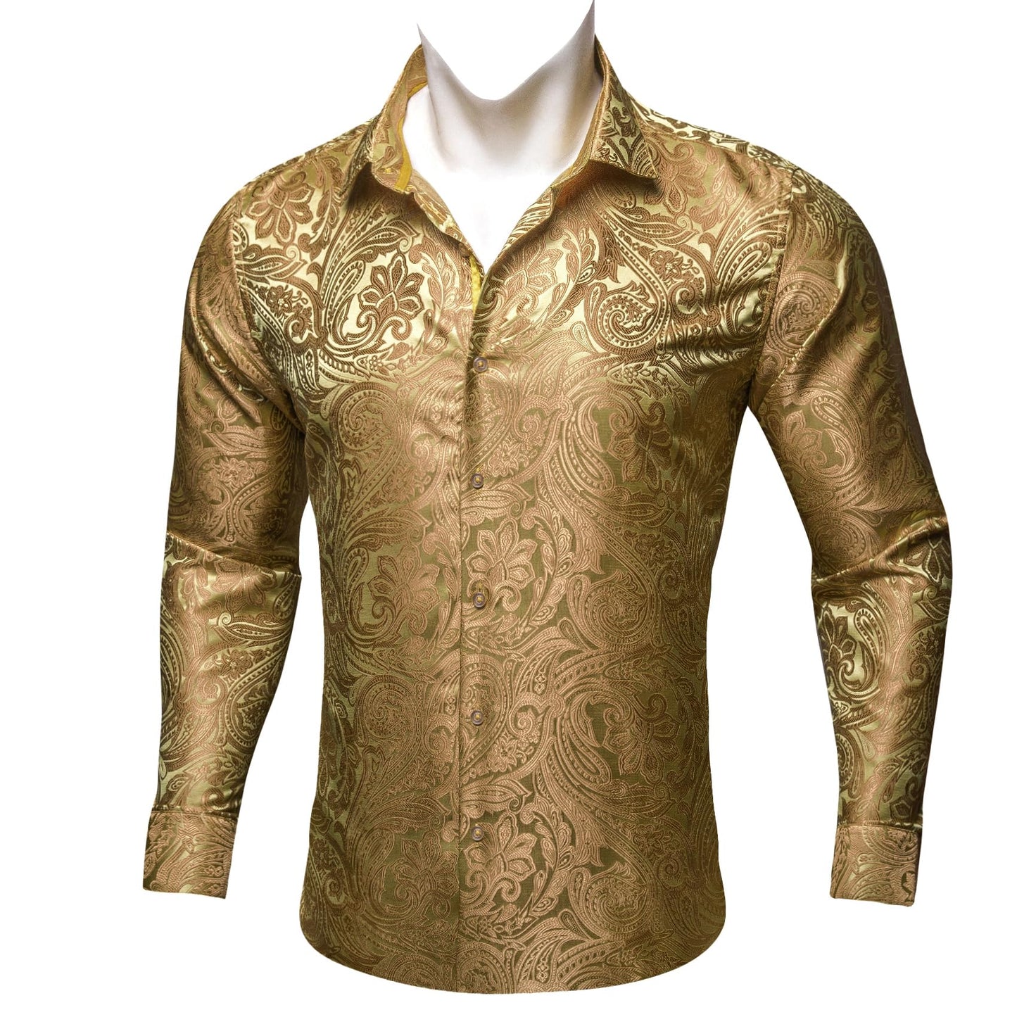 Barry.Wang Gold Men Shirt Silk Paisley Long Sleeve Button Down Dress Shirt Vintage Cowboy Casual Western Designer