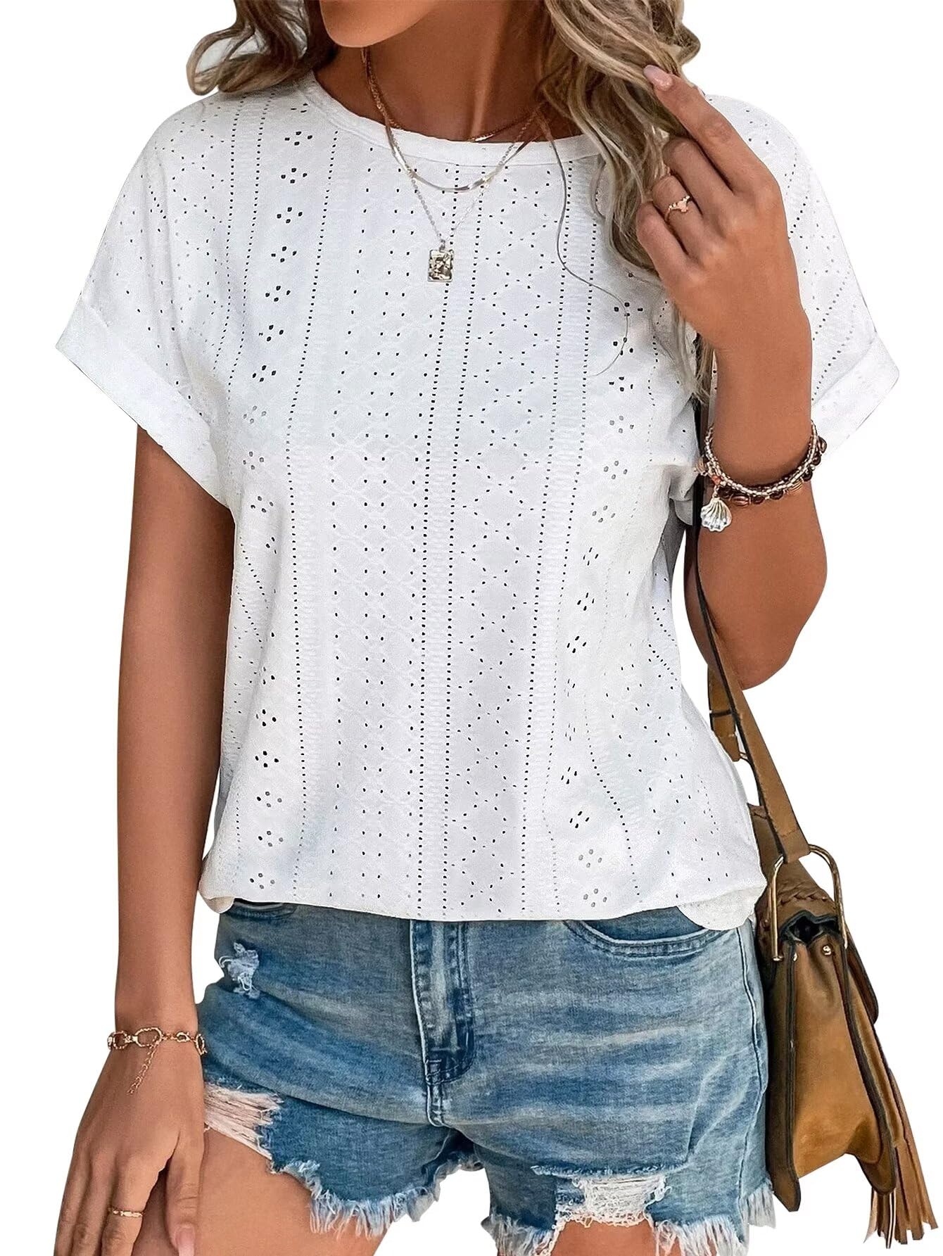 Bliwov Womens Tops Eyelet Embroidery Summer Spring Curved Hem Short Sleeve Trendy T Shirts Outfits Beach Vacation Clothes,White,L