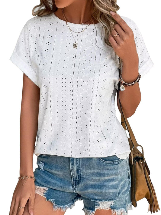 Bliwov Womens Tops Eyelet Embroidery Summer Spring Curved Hem Short Sleeve Trendy T Shirts Outfits Beach Vacation Clothes,White,L