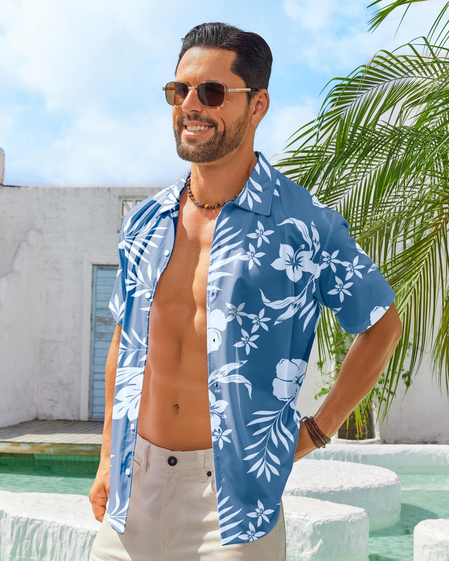 BOJIN Men's Hawaiian Wrinkle Free Short Sleeve Button Down Tropical Floral Beach Vacation Shirt White Flower Blue L