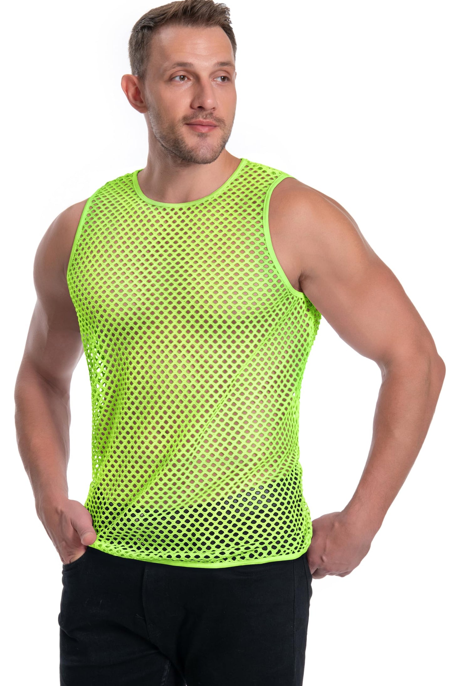 Mesh Fishnet Tank Tops See Through Sleeveless Muscle Rave Shirts for Men(Fluorescent Green,L)
