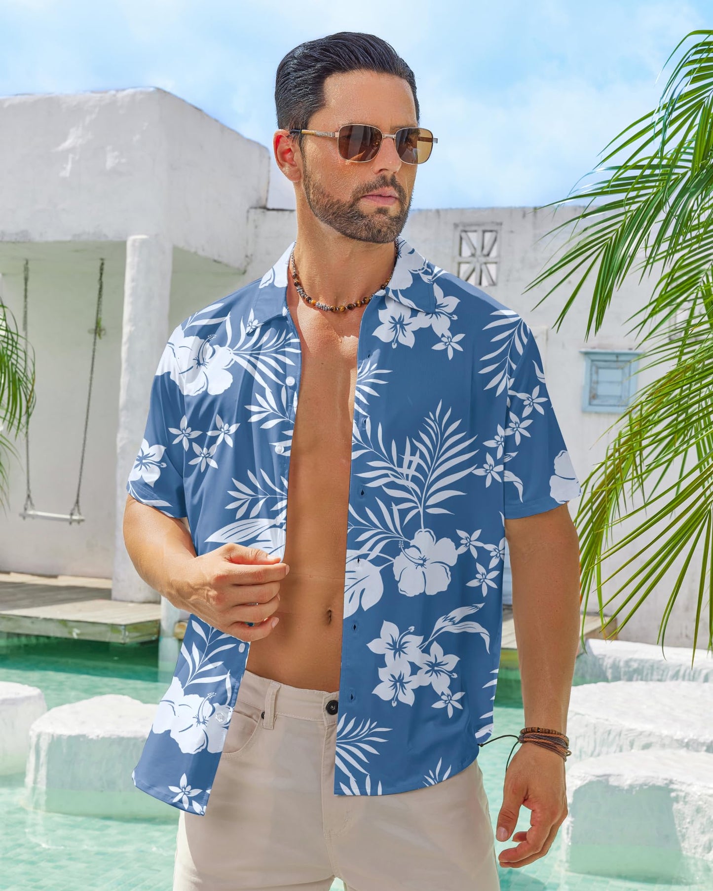 BOJIN Men's Hawaiian Wrinkle Free Short Sleeve Button Down Tropical Floral Beach Vacation Shirt White Flower Blue L