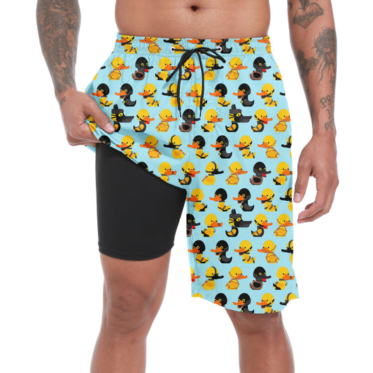 Mens Swim Trunks with Compression Liner, Pirate Duck Men Bathing Suit Swimming Trunks 9 inch Inseam Board Shorts Men's Swimwear, 4 Way Stretch Beach Shorts Quick Dry Swimsuits, L