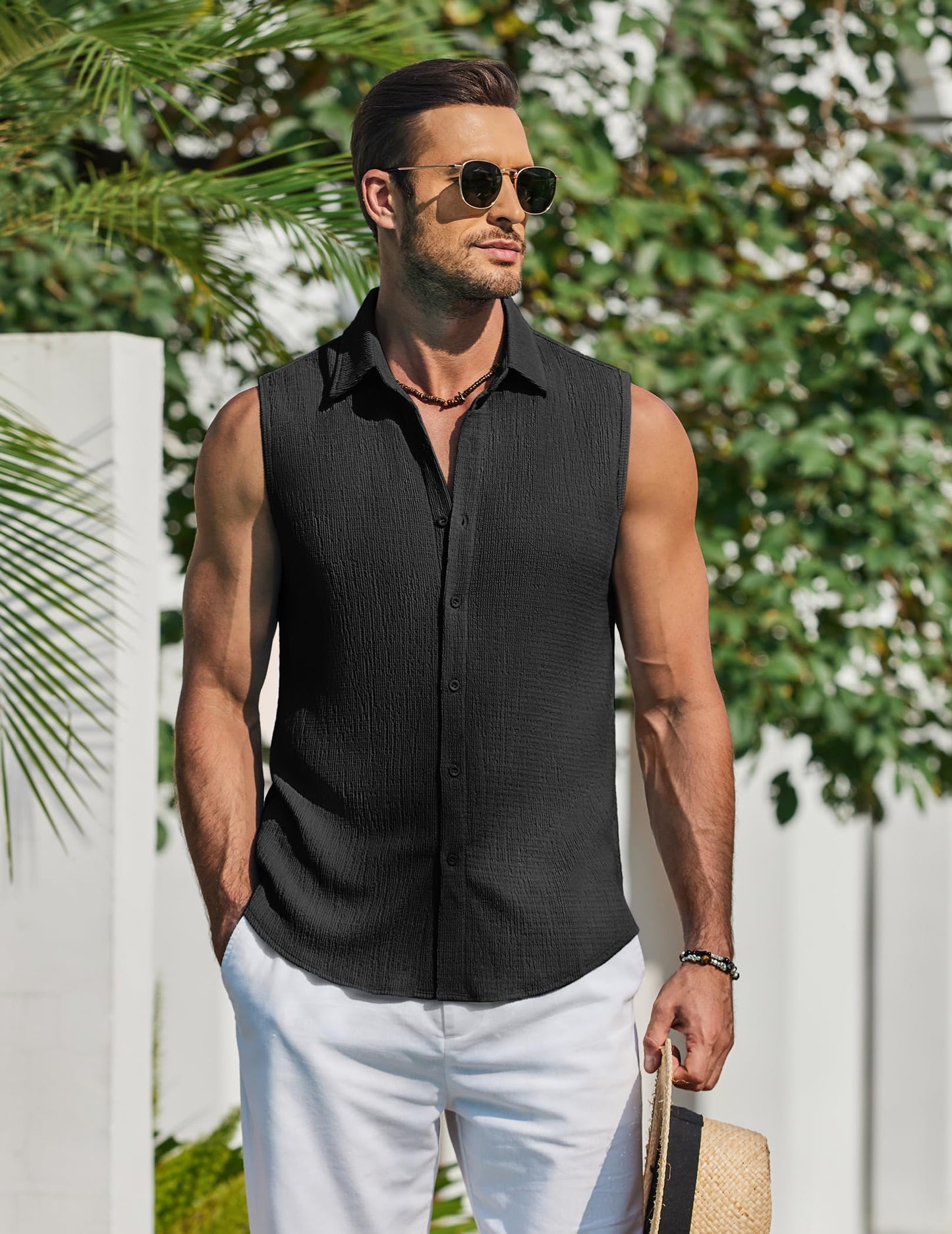 COOFANDY Mens Beach Tank Top Black Knit Sleeveless Top Summer Button Up Shirts Soft Textured Tops Loose Fit Large