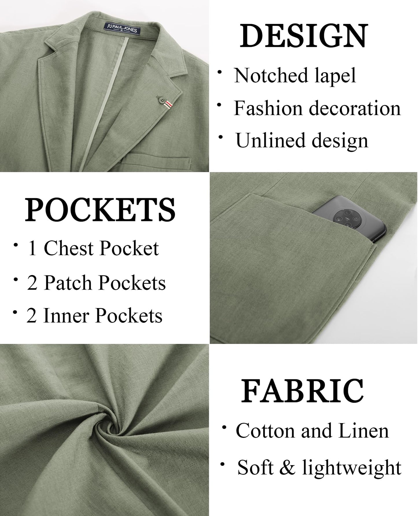 PJ PAUL JONES Mens Sport Jacket Linen Cotton Summer Breathable Blazer Casual Unlined Two Button Sport Coat Light Green L