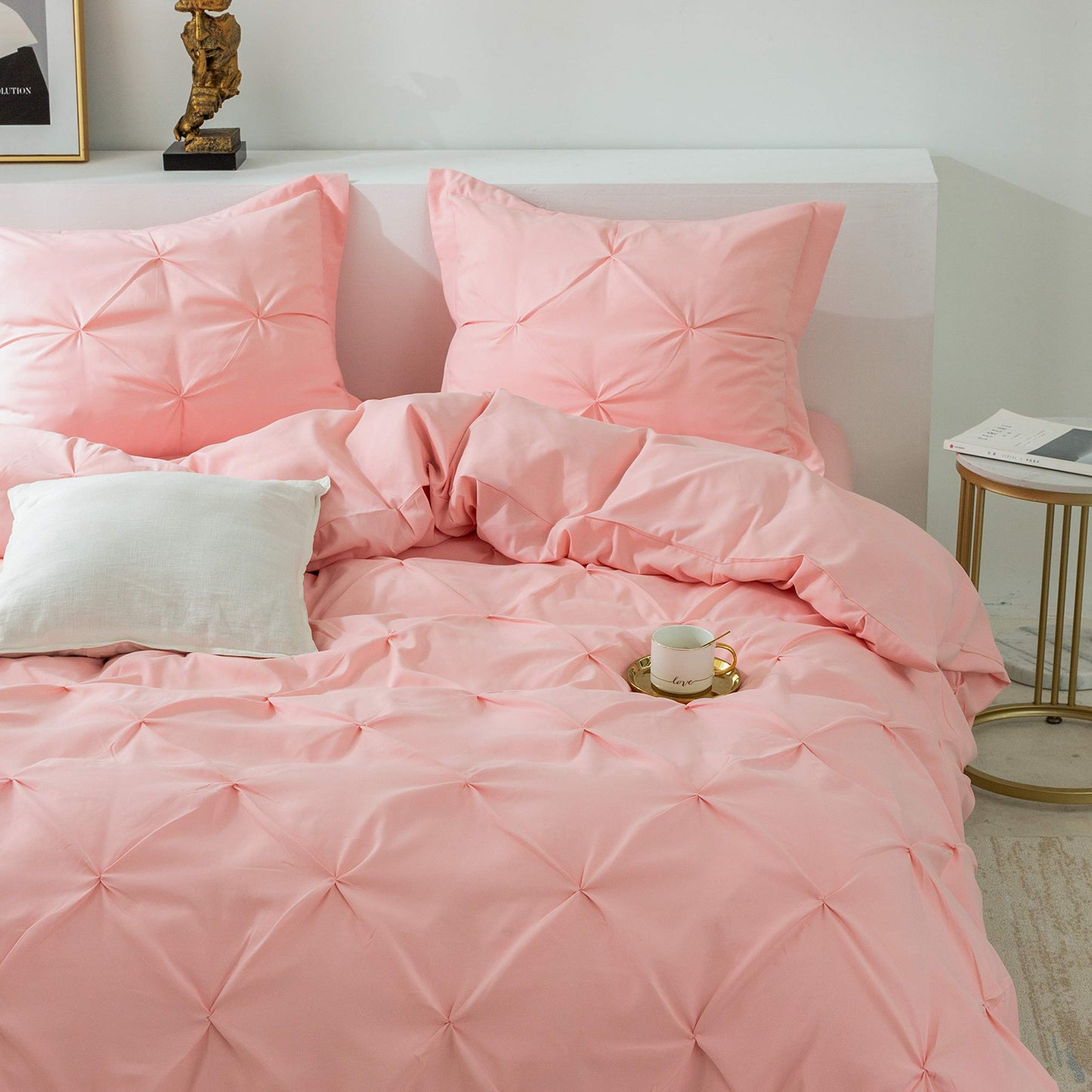 3 Pieces Bedding Duvet Cover Set, Pinch Pleated Twin Duvet Cover, Pintuck Comforter Quilt Cover with 2 Pillow Shams-Twin-68 X 90 inches-Pink