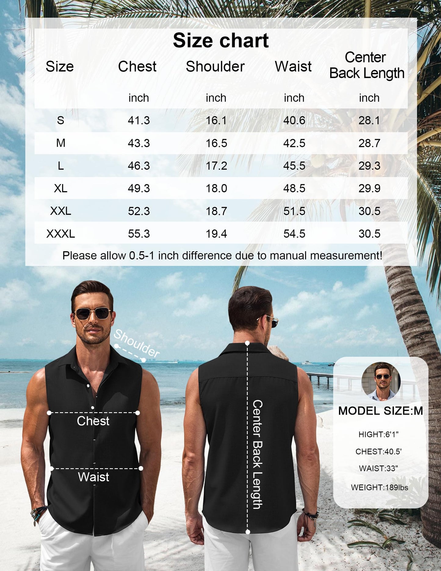 COOFANDY Men Sleeveless Shirt Beach Casual Tank Tops Summer Button Up Tank Tops for Men Black