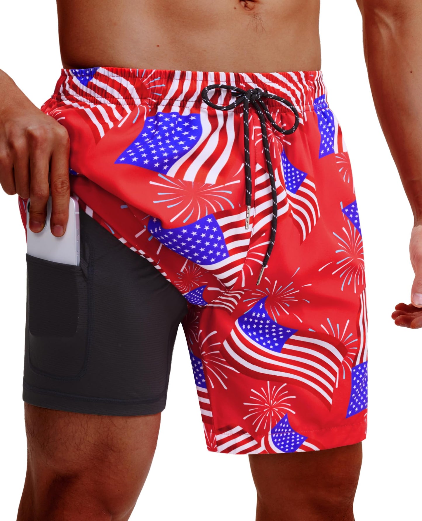 Gleeease Mens Swim Trunks 7 Inch with Compression Liner 2 in 1 Swim Shorts Stretch Quick Dry Bathing Suits with Pockets