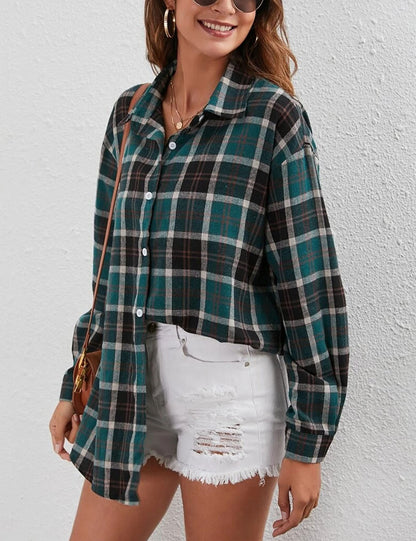 Bozanly Flannel Buffalo Plaid Shirts for Women Oversized Button Down Shacket Blouse Tops(0001-Green-M)