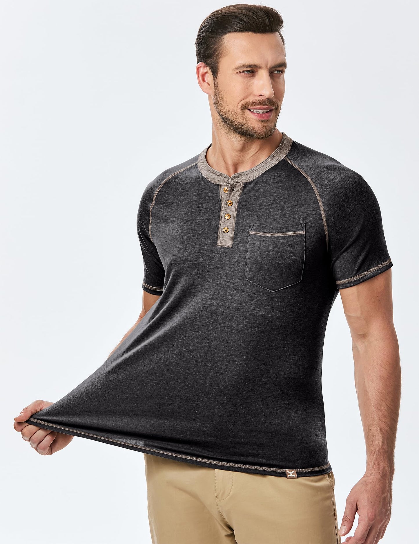 JMIERR Mens Henley Short Sleeve T-Shirt Cotton Casual Shirts with Pockets, XL, Black