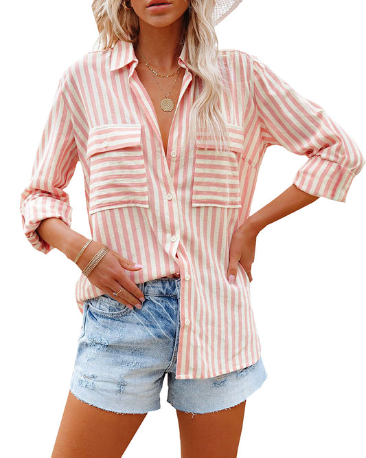 OMSJ Women's Striped Button Down Shirts Casual Long Sleeve Stylish V Neck Blouses Tops with Pockets (L, Pink)