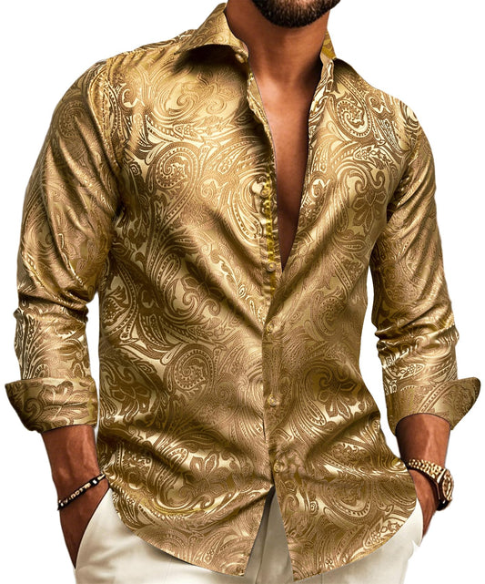 Barry.Wang Gold Men Shirt Silk Paisley Long Sleeve Button Down Dress Shirt Vintage Cowboy Casual Western Designer