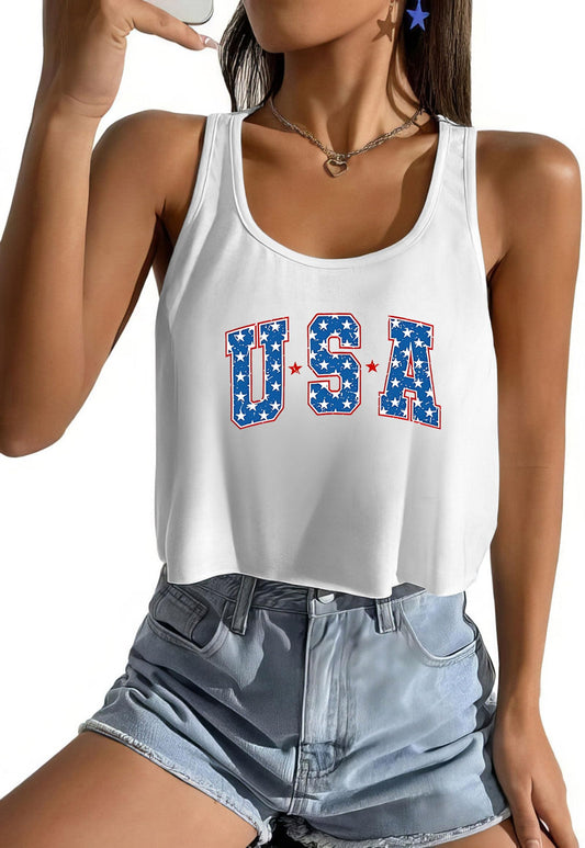 Women's American Flag Tank Top, USA Patriotic Sleeveless Crop Tops, 4th of July Camis Shirt (US, Alpha, Large, Regular, Regular, White-075)