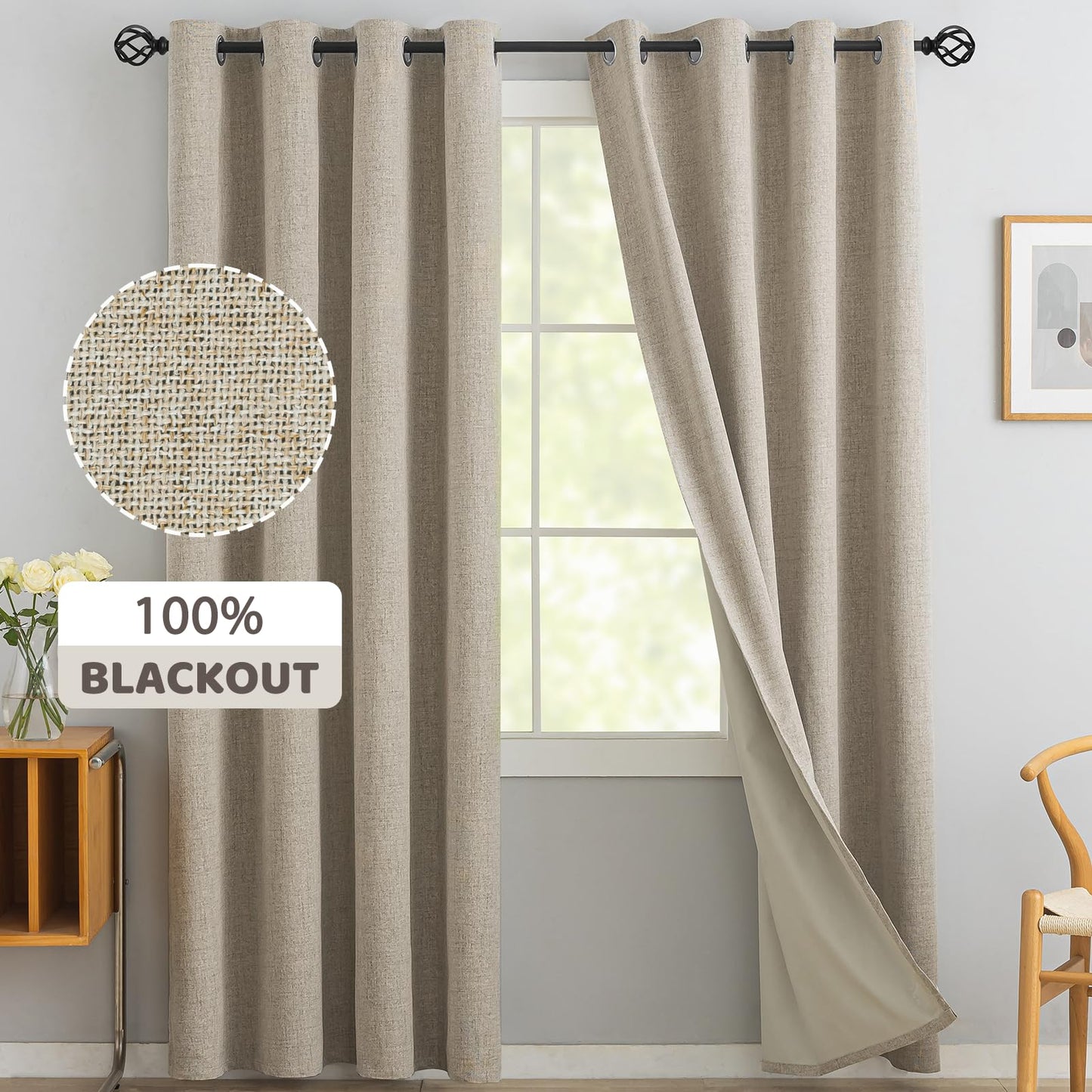 Yakamok Natural Linen Curtains 100% Blackout 90 Inches Long,Room Darkening Textured Curtains for Living Room Thermal Grommet Bedroom Curtains 2 Panels with Greyish White Liner