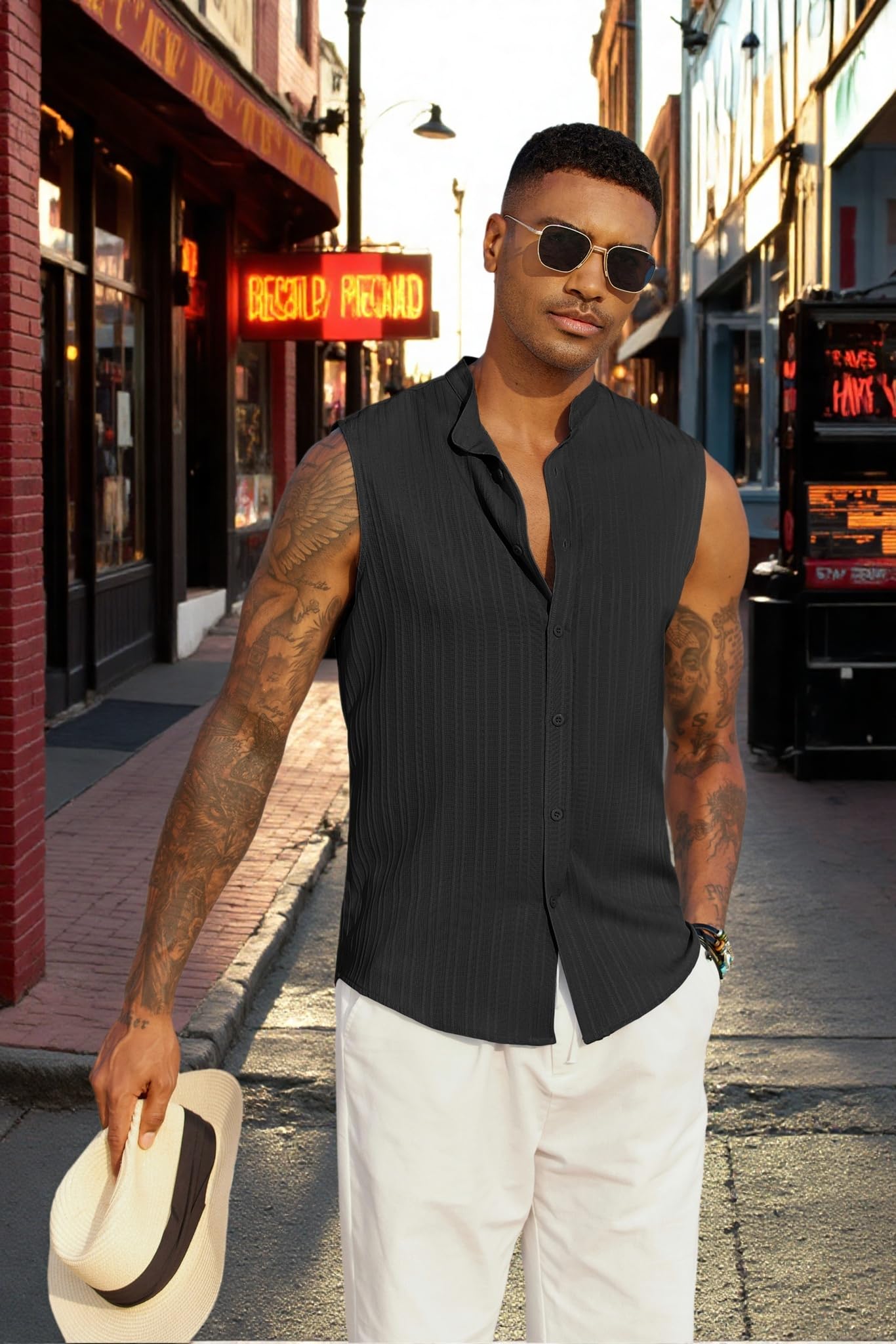 COOFANDY Men's Casual Beach Tank Top Textured Sleeveless Quick Drying Vacation Shirt,Black,Large