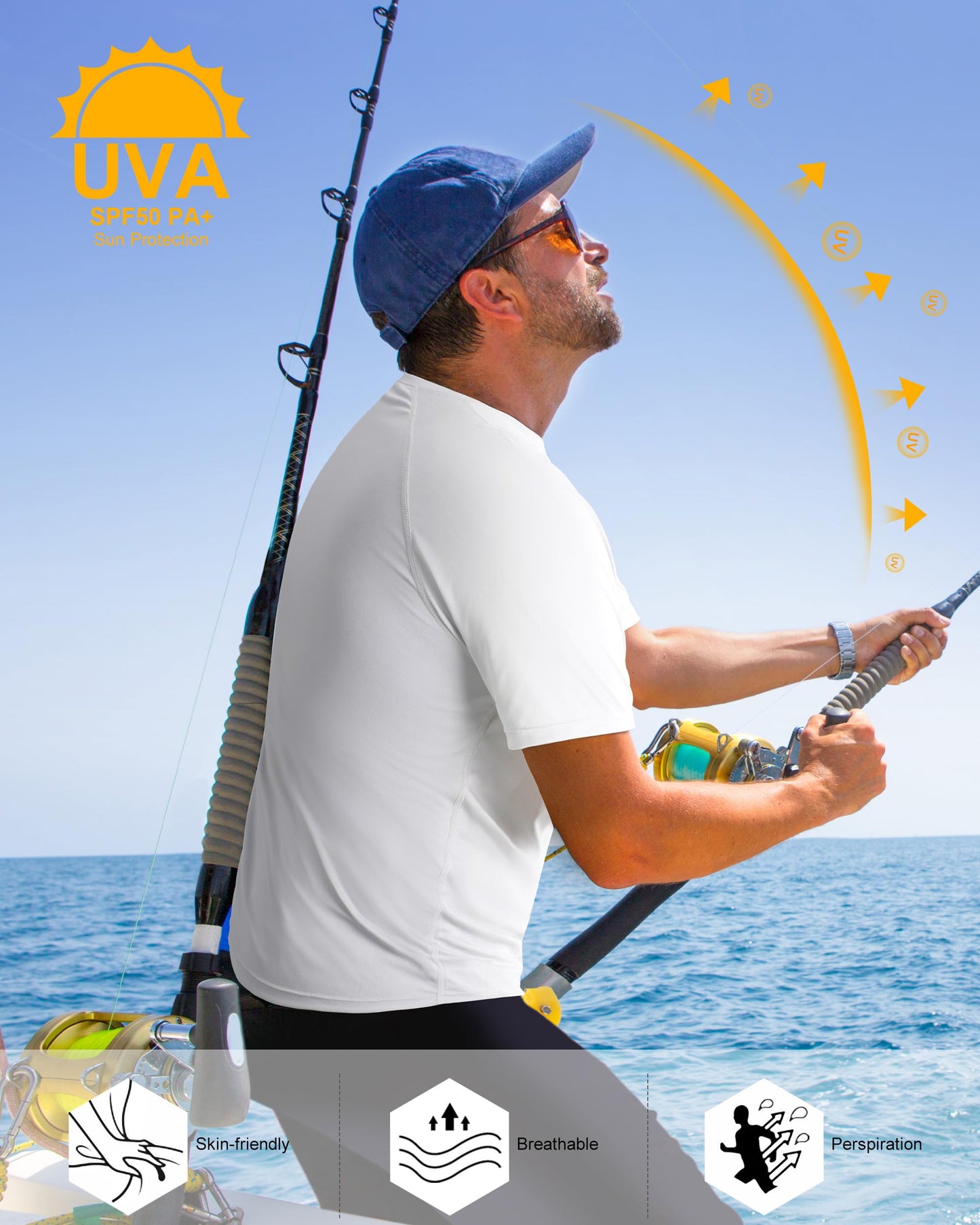 isnowood UPF 50+ Swim Shirts for Men, Sun Protection Quick Dry Rash Guard, Mens Short Sleeve Surf Athletic Shirt White