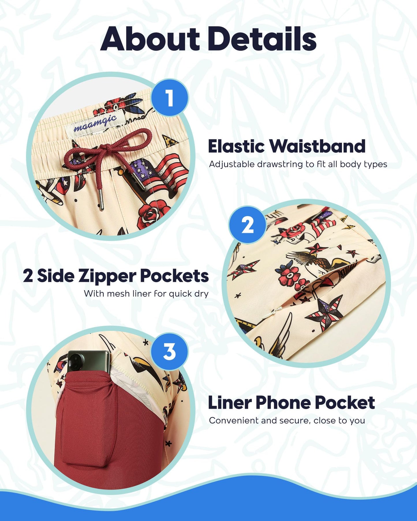 maamgic 7 Inch Mens Swim Trunks with Compression Liner Board Shorts with Zippered Pocket Bathing Suit for Beach Vacation Beige and Red Eagle American Flag Small