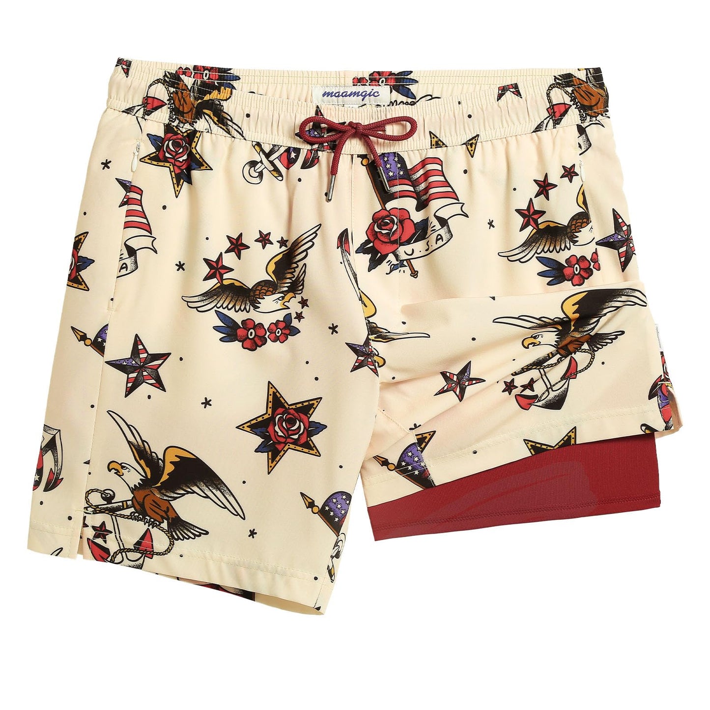maamgic 7 Inch Mens Swim Trunks with Compression Liner Board Shorts with Zippered Pocket Bathing Suit for Beach Vacation Beige and Red Eagle American Flag Small