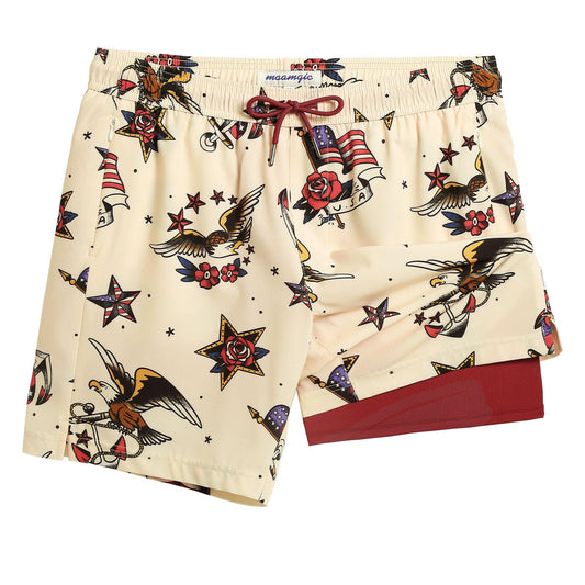 maamgic 7 Inch Mens Swim Trunks with Compression Liner Board Shorts with Zippered Pocket Bathing Suit for Beach Vacation Beige and Red Eagle American Flag Small