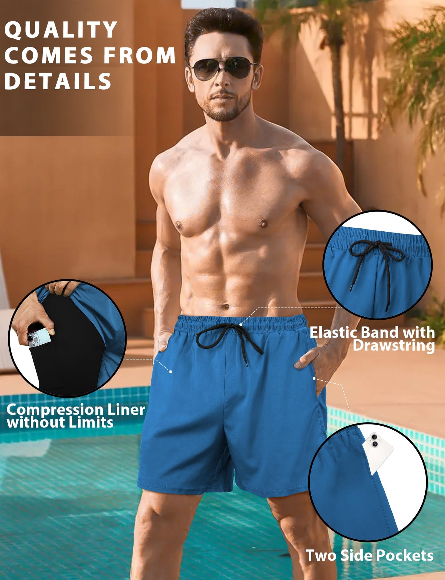 Mens Swim Trunks with Compression Liner 7 Inch Inseam Quick Dry Swim Shorts Mens Bathing Suit Board Shorts with Pockets 2 in 1 Beach Swimming Shorts Dissolvable Swimsuit Swimwear Big and Tall Blue L