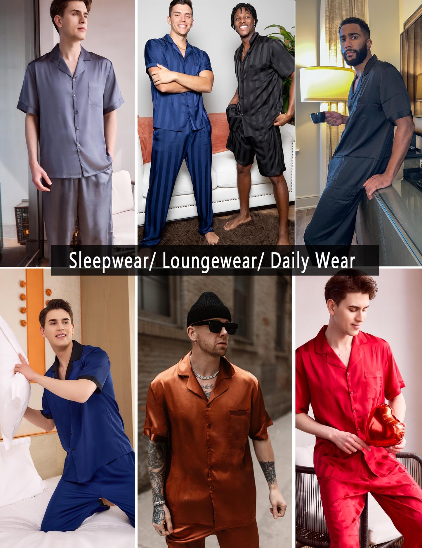 Ekouaer Men Satin Silk Pajamas Set 2 Piece Button Down Sleepwear Long Pants Loungewear with Pockets