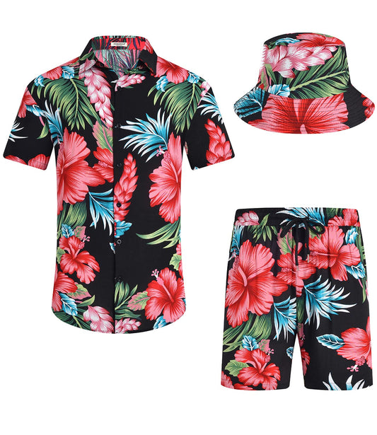 EISHOPEER Men's Hawaiian Shirt and Short 2 Piece Outfits Sets Casual Button Down Beach Floral Shirts Suits with Bucket Hats Large
