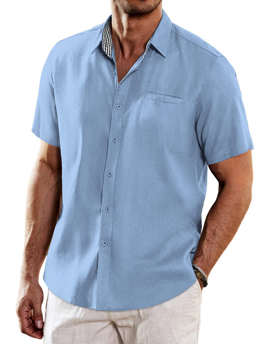 COOFANDY Mens Shirt Beach Wedding Casual Linen Button Up, Light Blue, X-Large, Short Sleeve