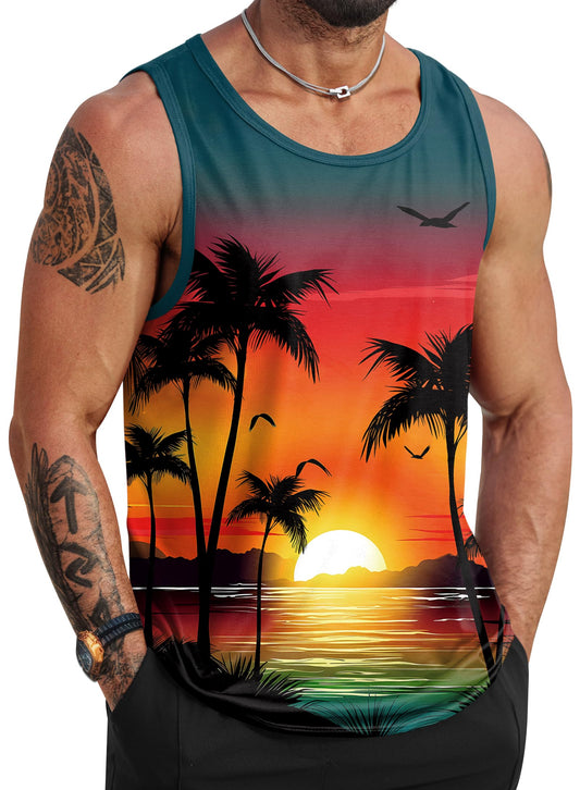 VOGSTART Men's Sunset Tank Shirt Tropical Camisa Cutoff Top Hawaiian Casual Sleeveless Beach Muscle Tank Multicolor L