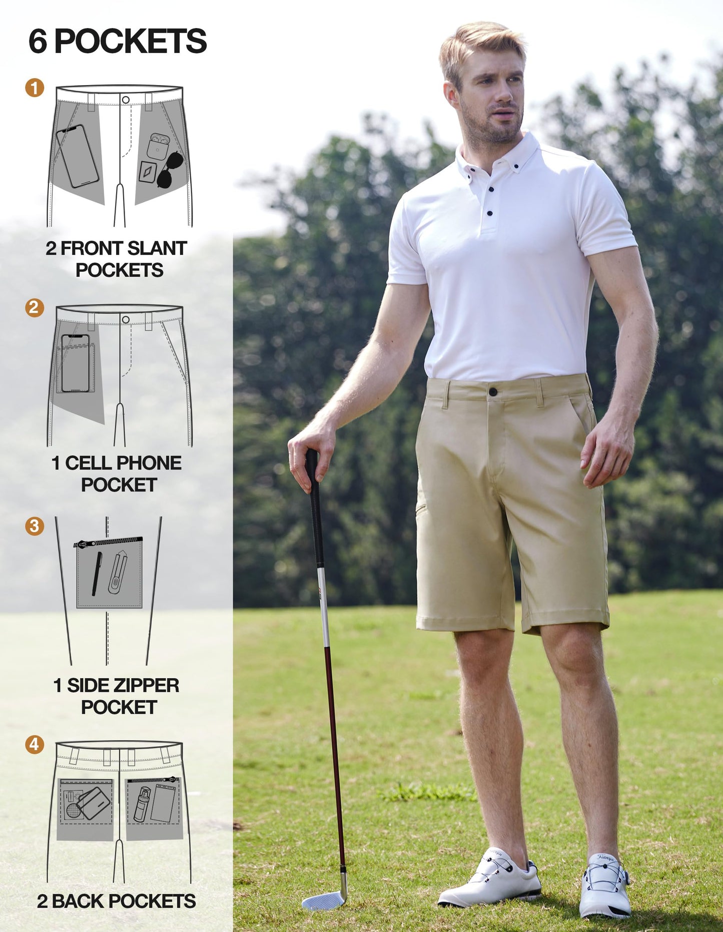 PULI Hybrid Shorts for Men Dress Golf 10 Inch Inseam Casual Lightweight Chino Workout Travel with Pockets Khaki 36