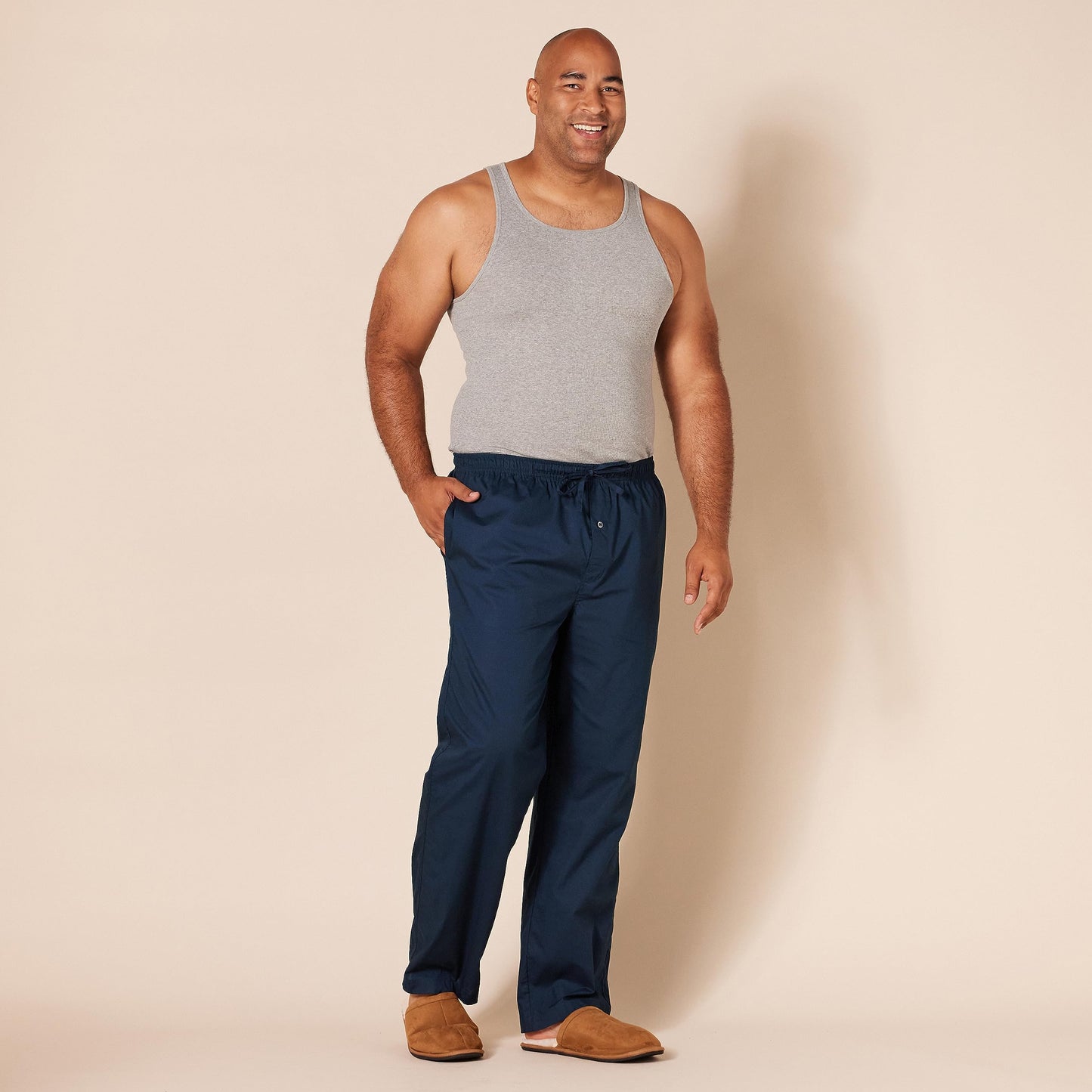Amazon Essentials Men's Straight-Fit Woven Pajama Pant with Pockets, Navy, Large