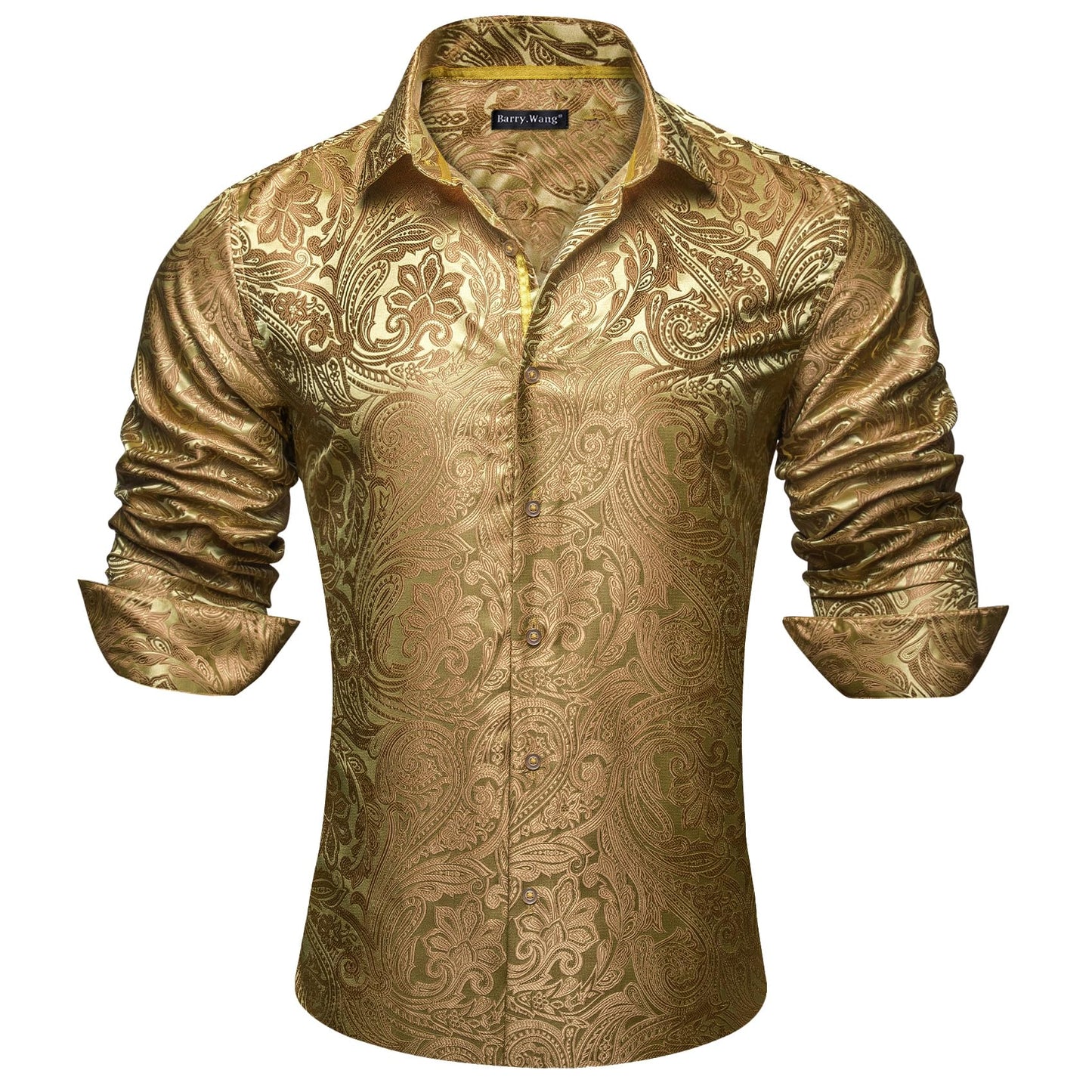 Barry.Wang Gold Men Shirt Silk Paisley Long Sleeve Button Down Dress Shirt Vintage Cowboy Casual Western Designer