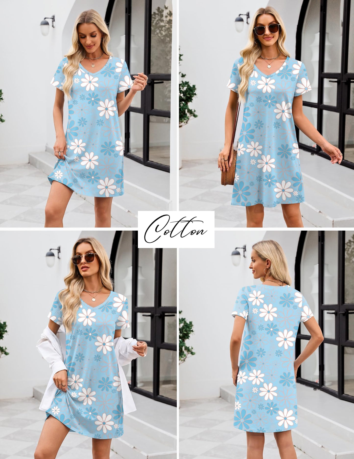 Ekouaer Cotton Nightgowns for Women Short Sleeve Womens Nightgown V Neck Sleep Shirts for Women Blue White Flower, Medium