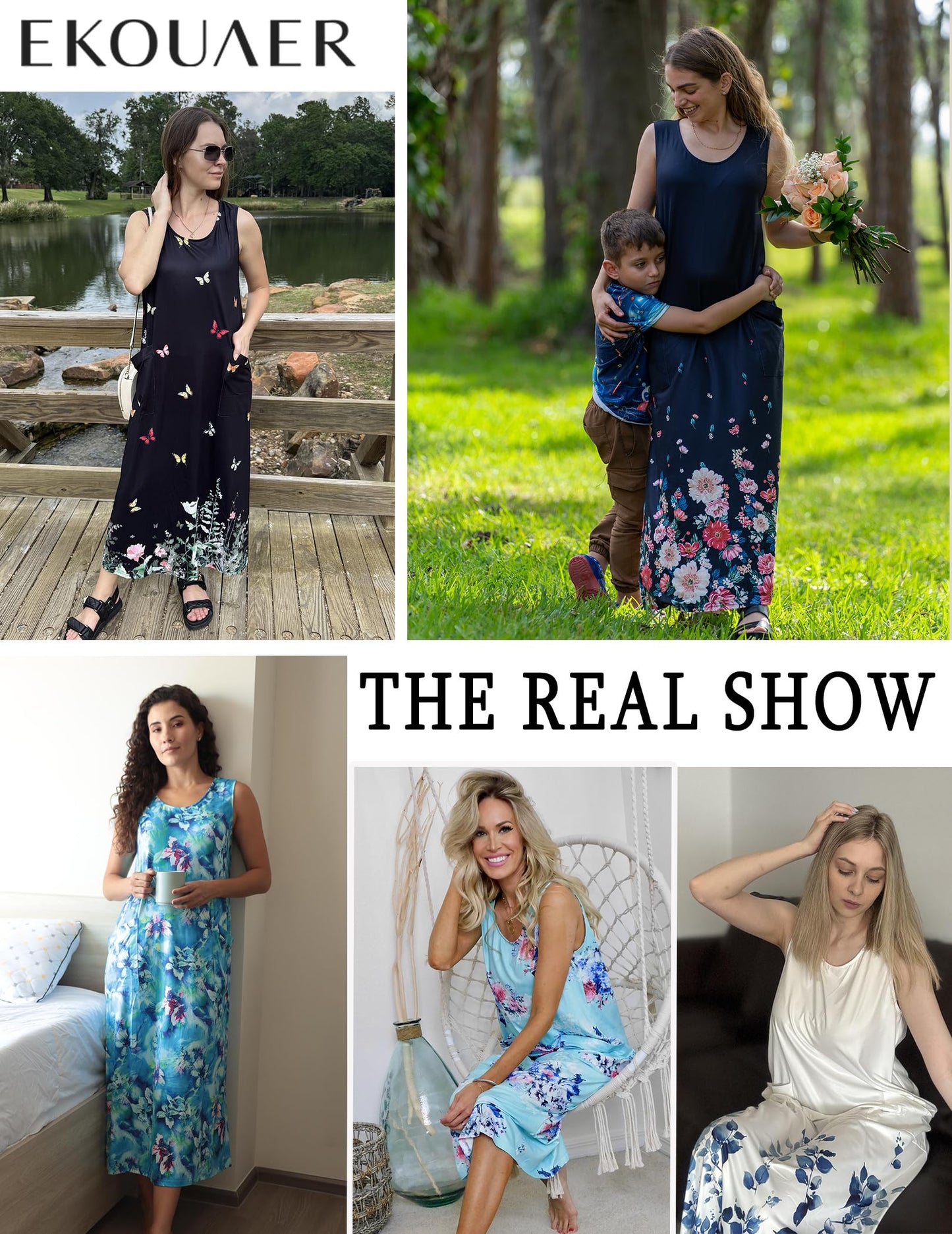 Ekouaer Nightgowns for Women Sleeveless Sleepshirt Long Print House Dress Tank Nightshirt Maxi Casual Dress with Pockets Tie Dye Blue XXXL
