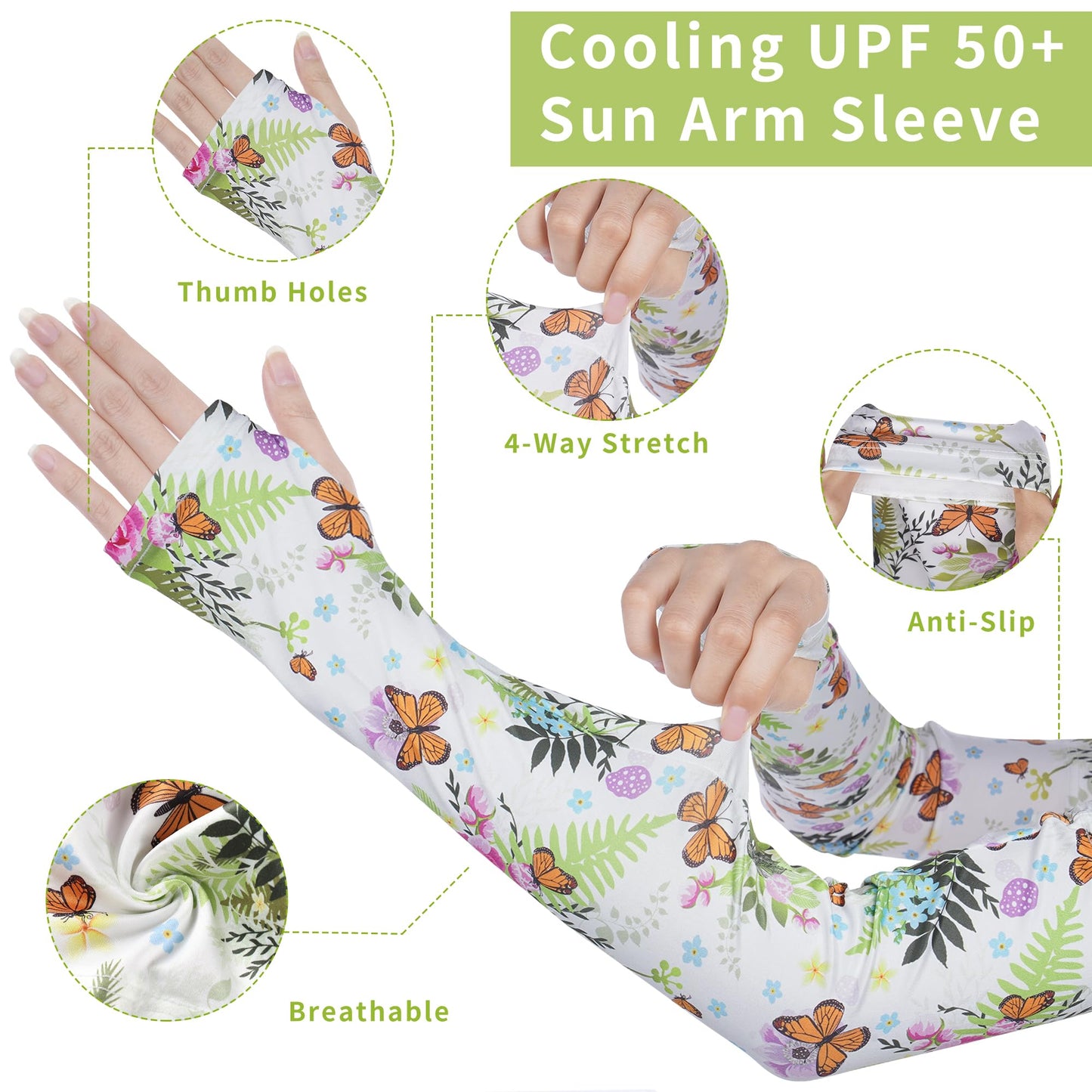 FISHEAL Sun Protection Gardening Sleeves for Women - Butterflies Cooling Outdoors UPF 50+ Arm Sleeves with Thumbholes