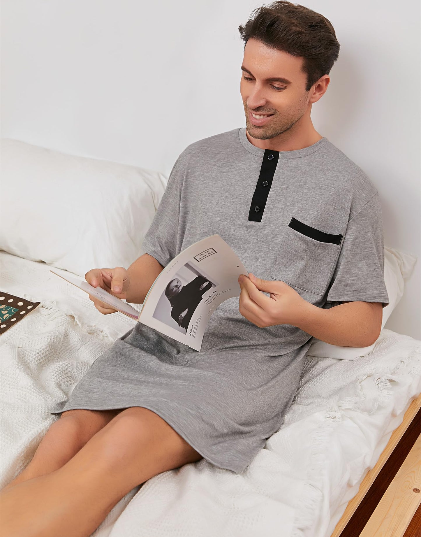 Men's Cotton Pyjama Tops Soft Sleepwear Breathable Nightgown Knee Length Night Shirts Loose Nightwear Lounge Wear,Short Sleeve/Short Sleeve-3-Grey/L