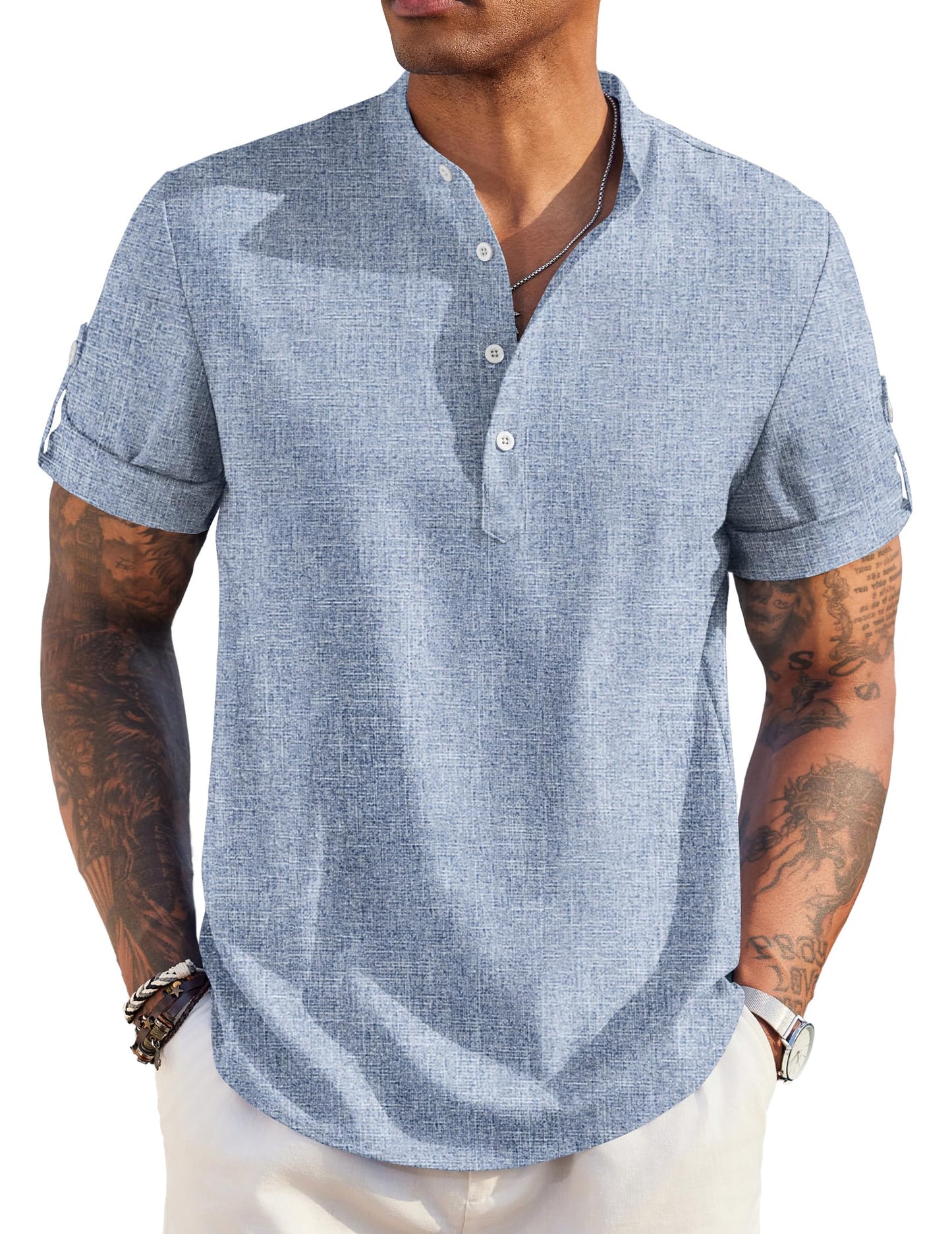 COOFANDY Men's Linen Henley Shirts Summer Beach Short Sleeve Loose Fit T Shirt Button Up Lightweight Casual Tee